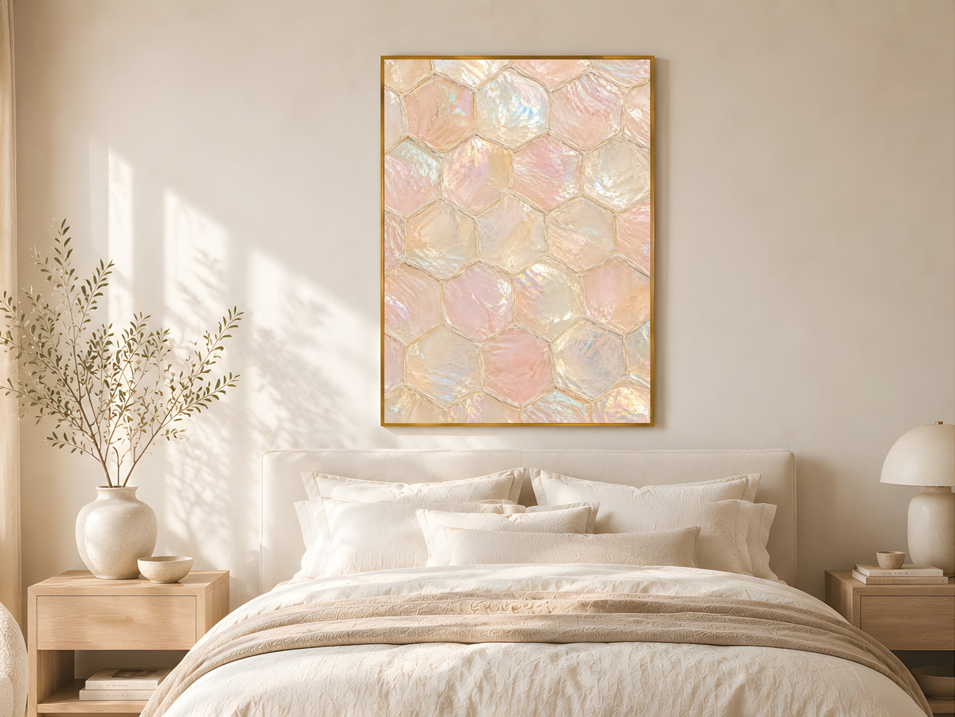 Pearl capiz honeycomb print in gold frame above linen bed in neutral quiet luxury bedroom with warm light
