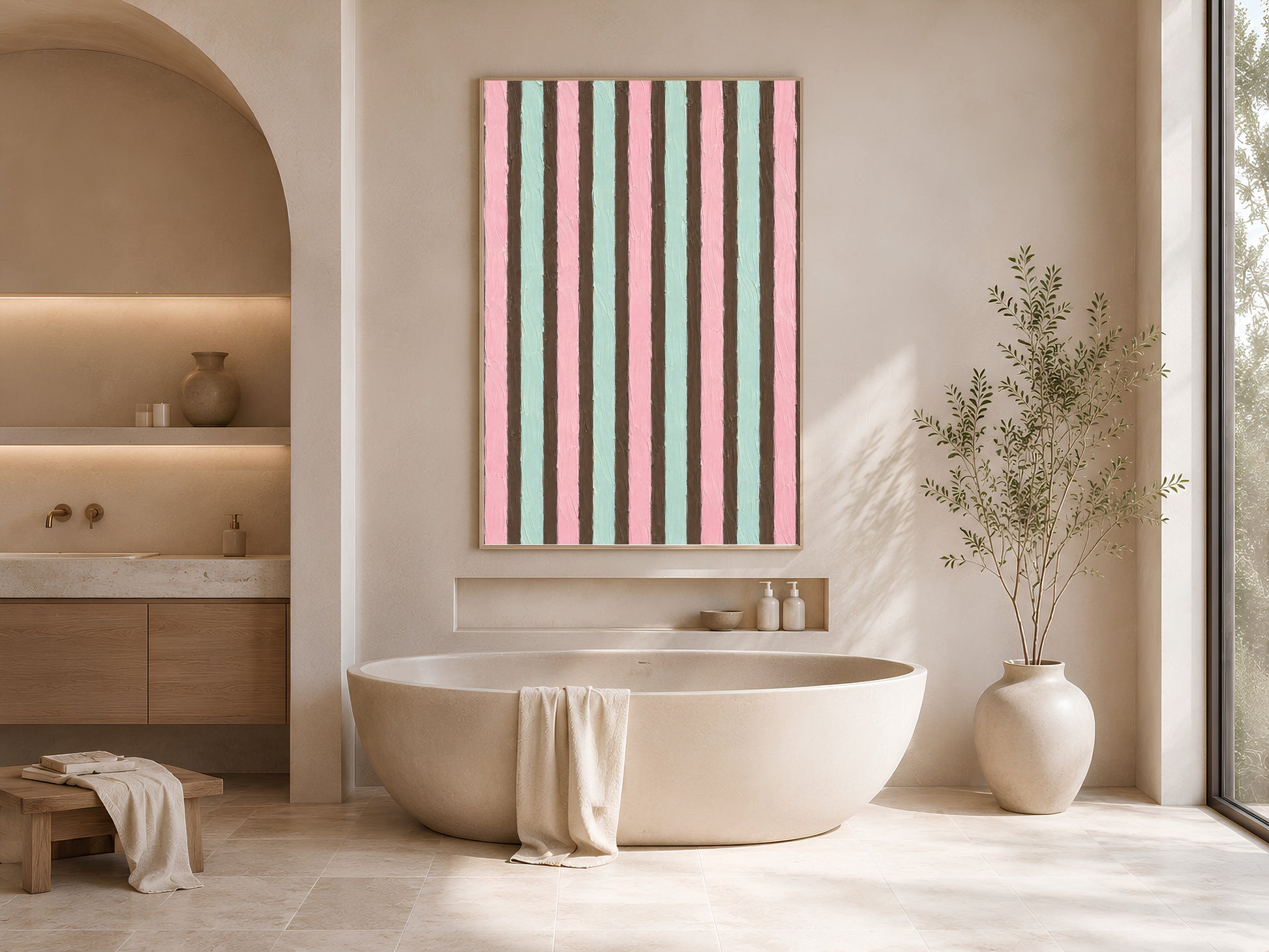 Pink mint stripe print in gold frame beside freestanding bathtub in bright neutral bathroom with arched niche
