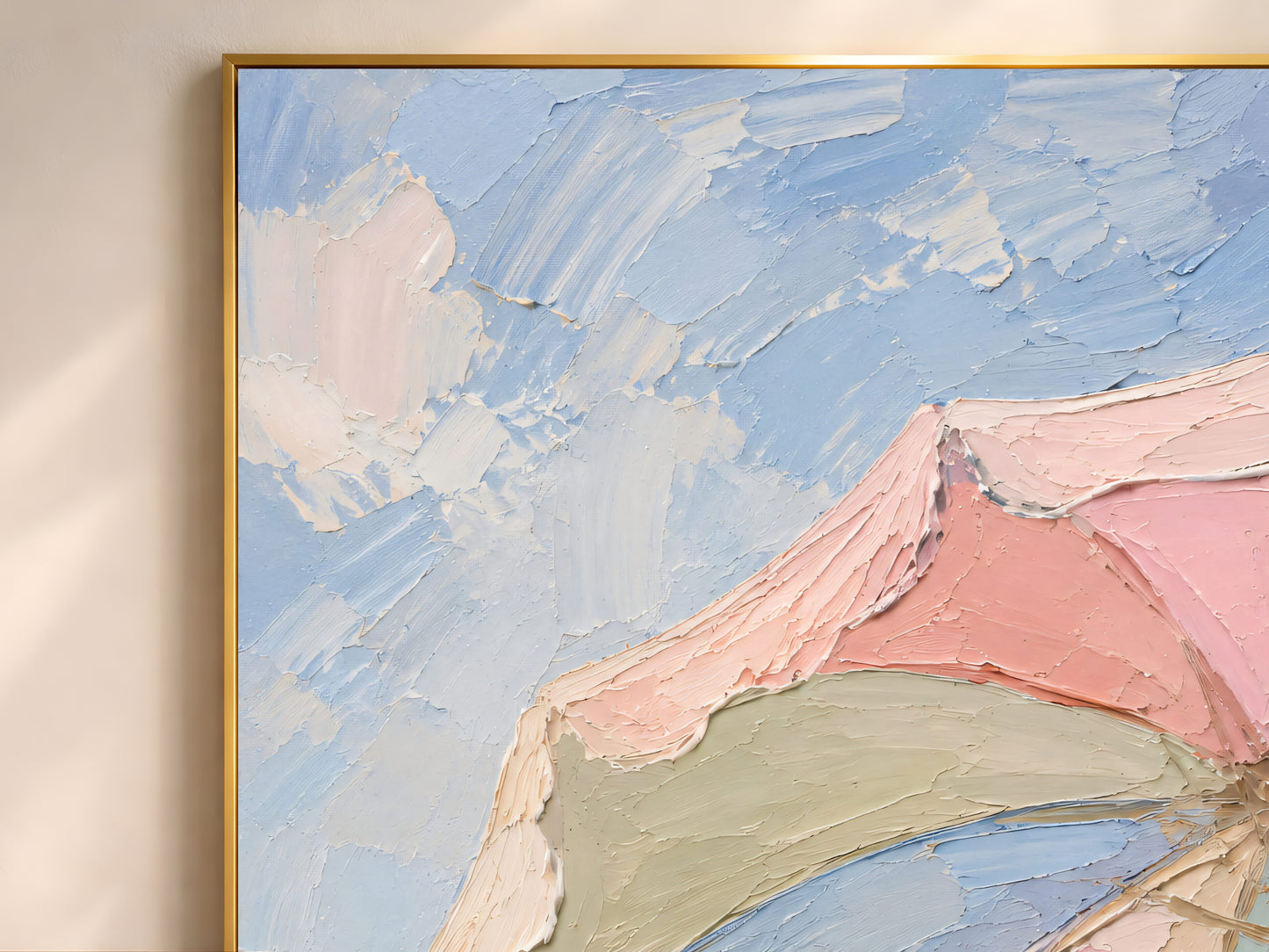 Close up of pastel beach umbrella wall art showing layered impasto texture and rainbow panels
