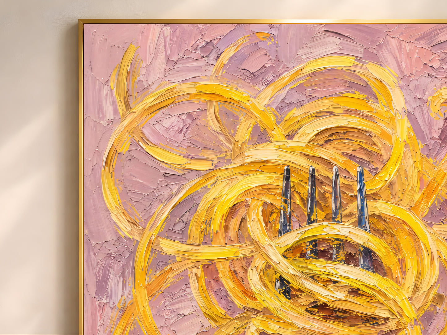 Close-up detail of pasta wall art showing thick impasto brushwork in golden yellow, warm amber, dusty rose, and muted violet tones
