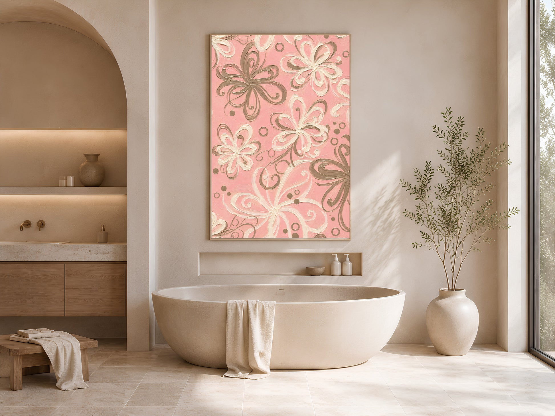 Pink retro swirl floral print in gold frame in bright neutral bathroom with freestanding bathtub and arched niche
