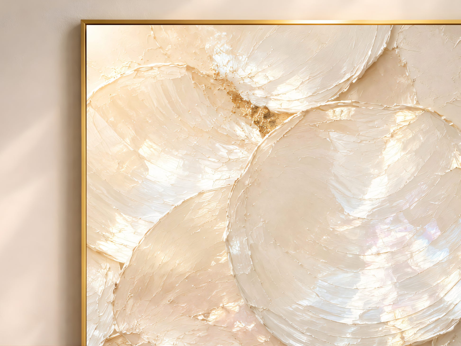 Close up of mother of pearl capiz shell wall art showing layered impasto texture and opal shimmer
