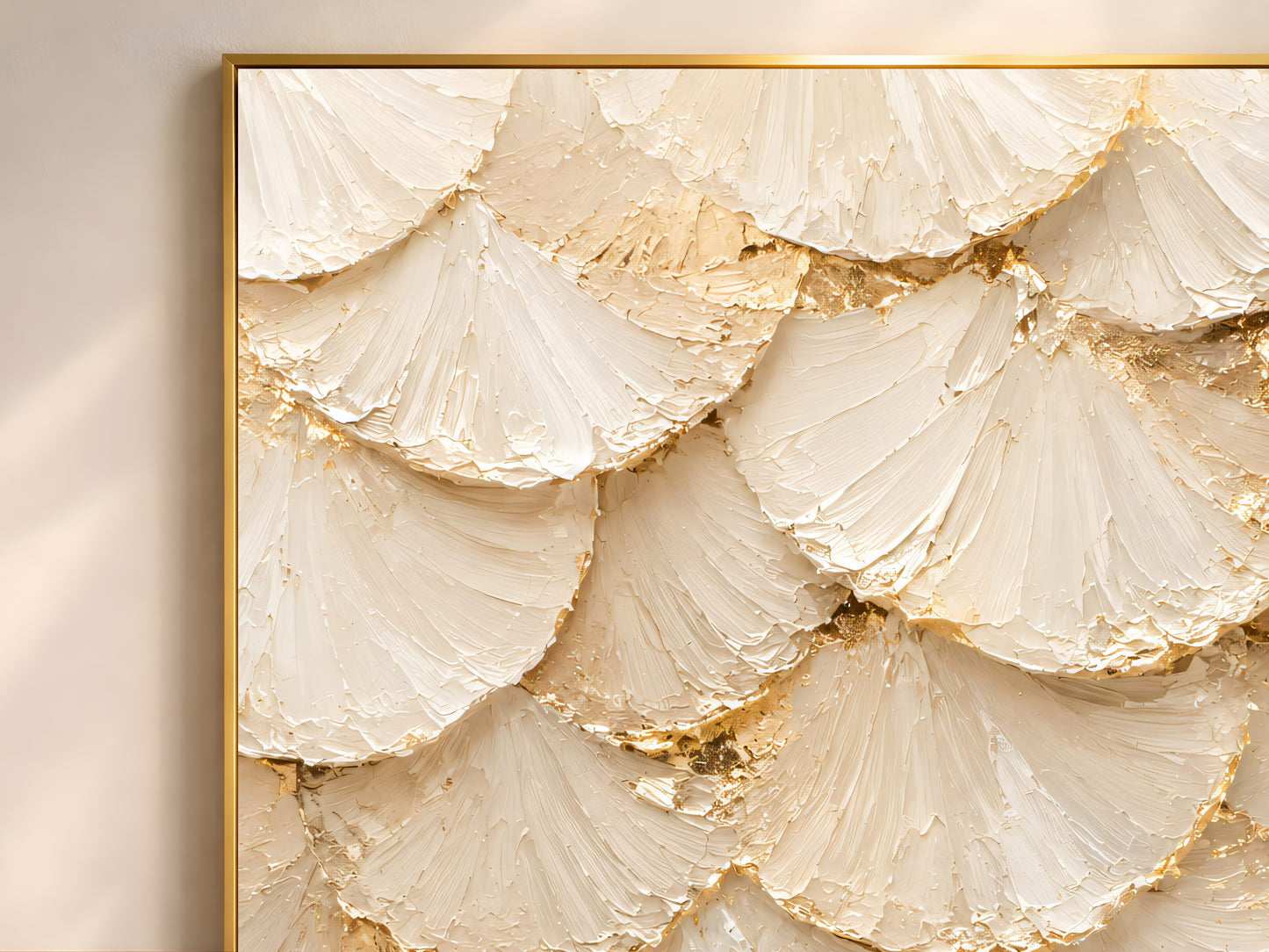 Close up of ginkgo leaf wall art showing layered impasto texture and gold leaf veining
