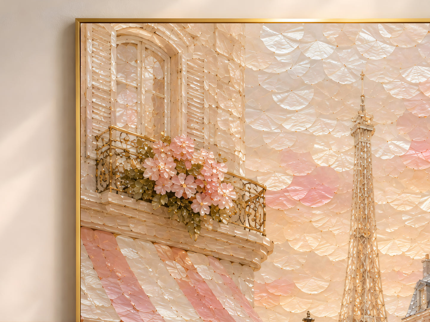 Close up of blush Paris street wall art showing capiz shell mosaic texture and Eiffel Tower
