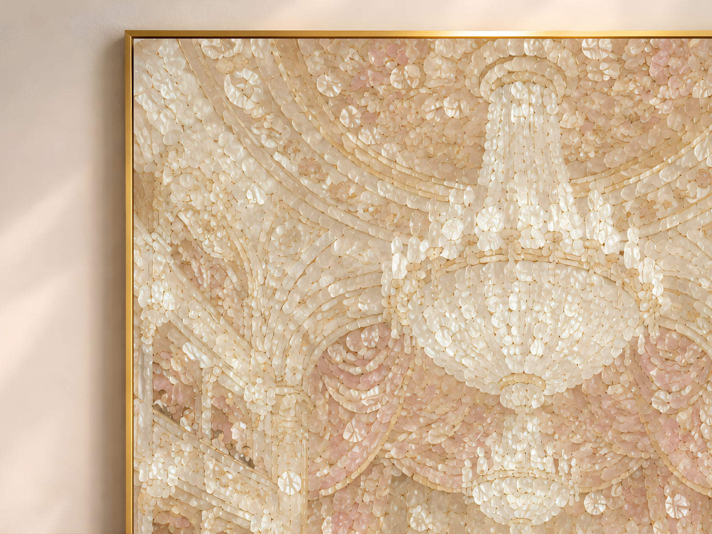 Close up of pearl ivory concert hall wall art showing capiz shell mosaic texture and chandelier

