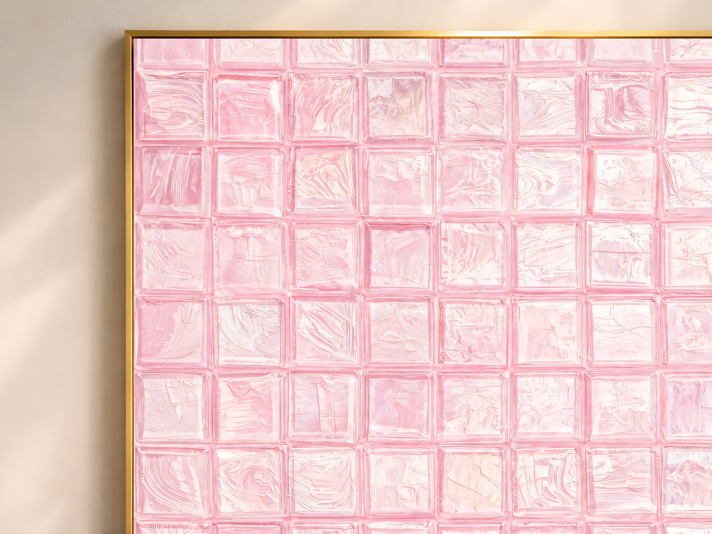 Close-up of blush pink impasto mosaic tile wall art in a gold frame showing swirling brushstroke texture detail on each tile square

