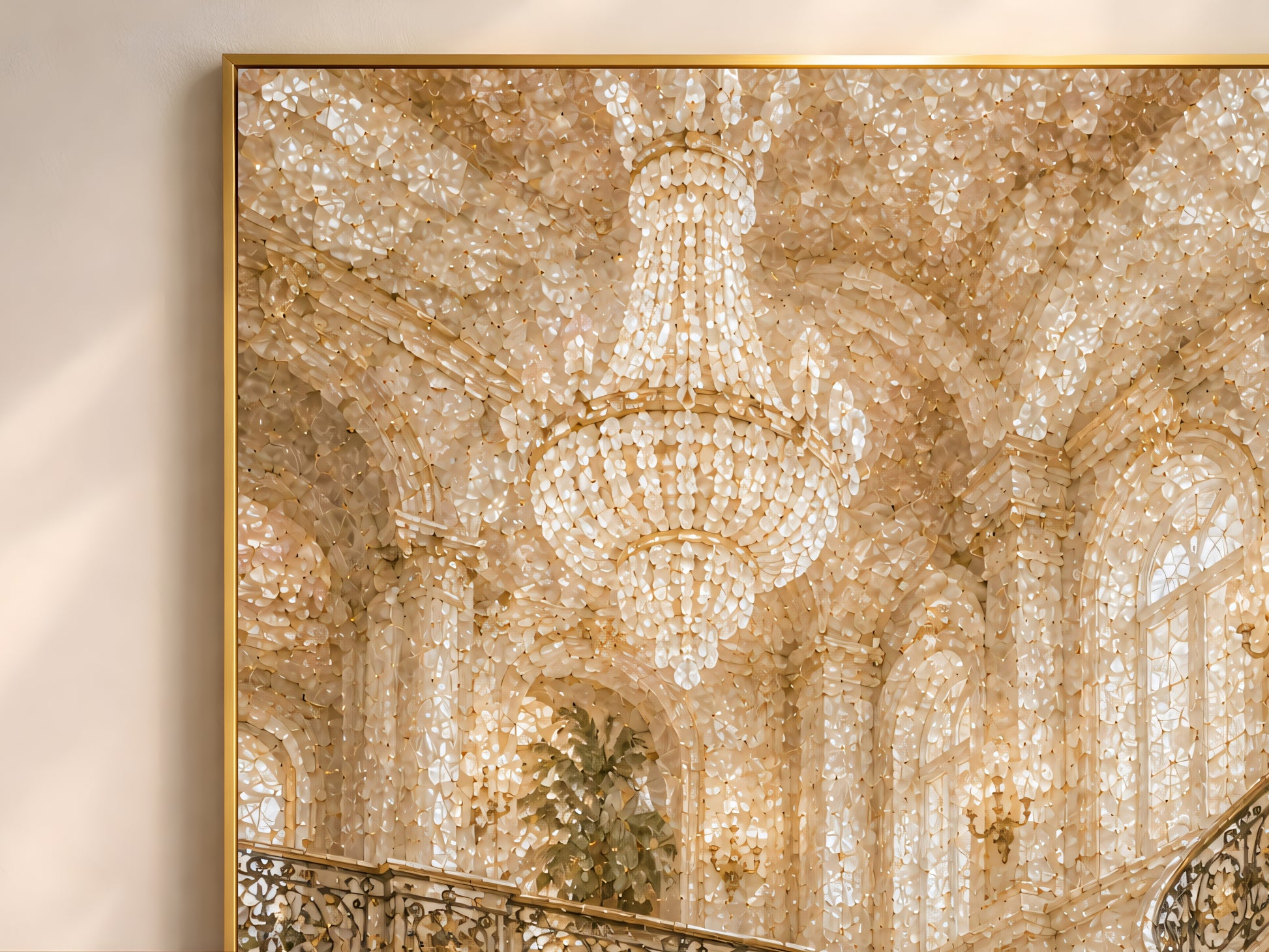 Close up of grand staircase wall art showing capiz shell mosaic texture and crystal chandelier
