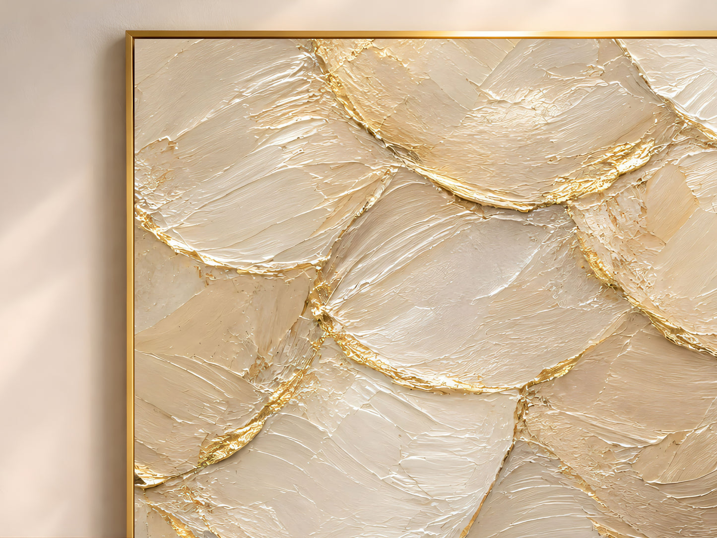 Close up of ivory gold capiz shell wall art showing layered impasto texture and gold edges
