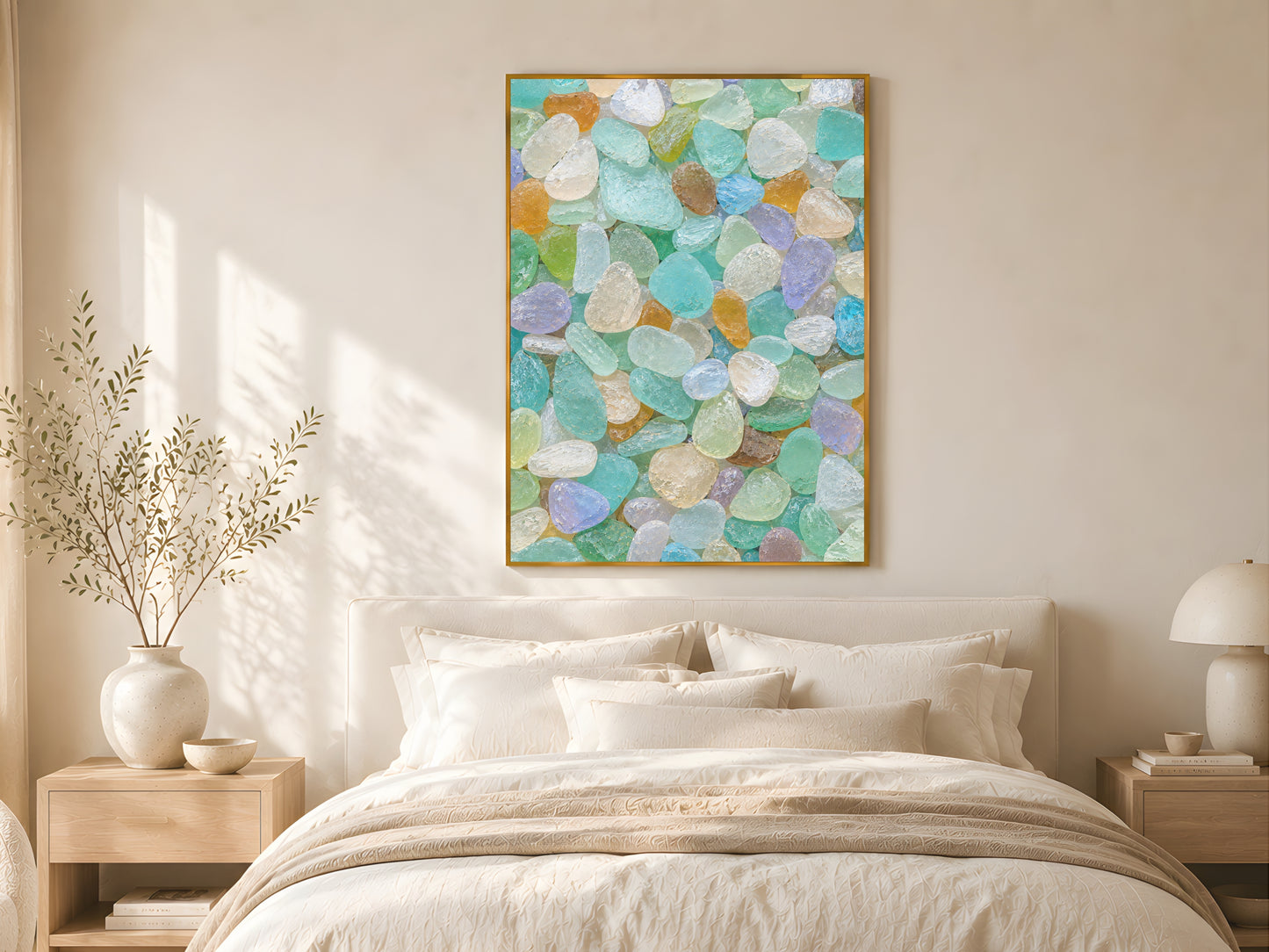 Colorful sea glass wall art above linen bed in warm neutral coastal bedroom with natural light