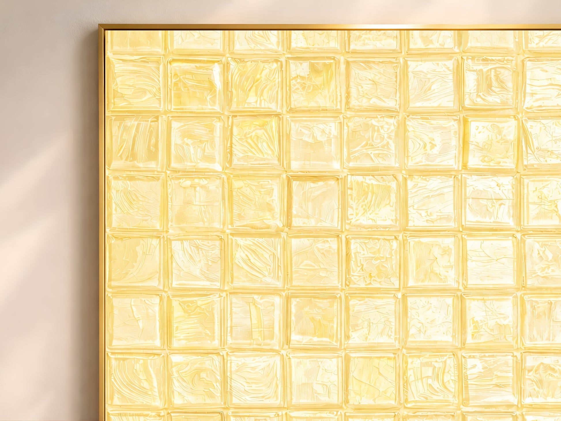 Close-up of butter yellow mosaic tile wall art in a gold frame showing impasto painted tile texture detail against a white wall
