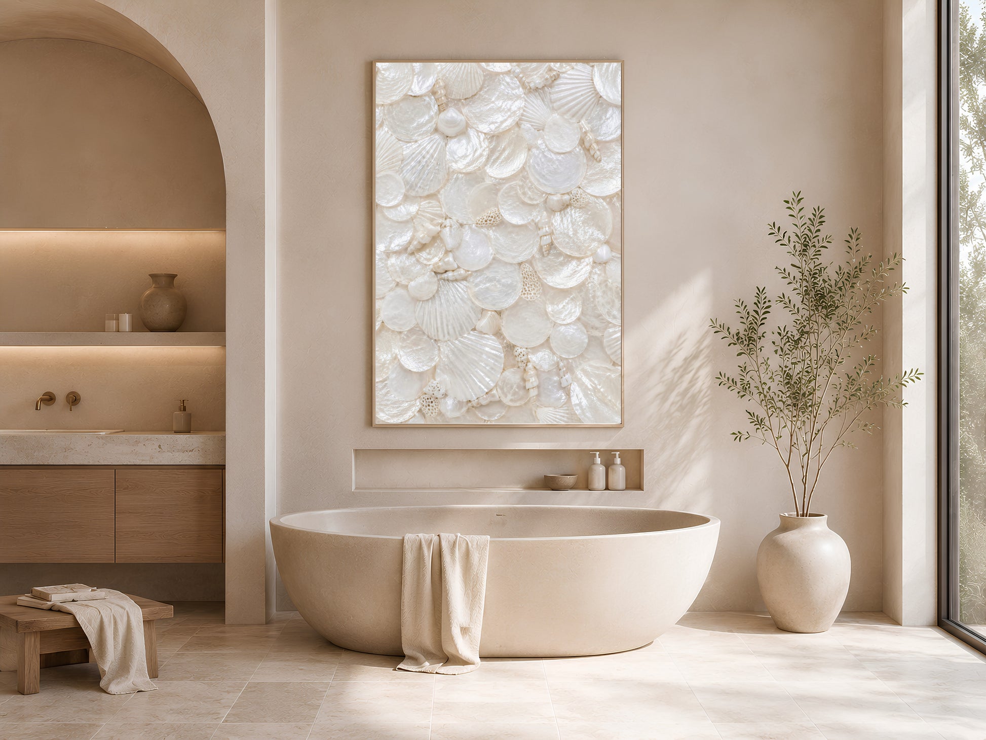 Neutral spa-style bathroom with a freestanding tub, and an iridescent shell texture print framed in gold above the vanity nook.