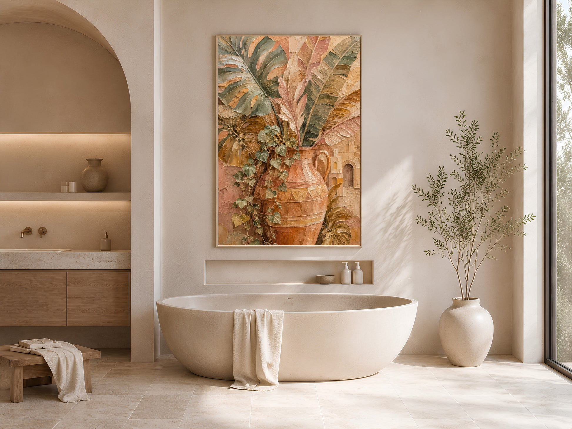 Terracotta botanical vase print in gold frame beside freestanding bathtub in bright neutral bathroom
