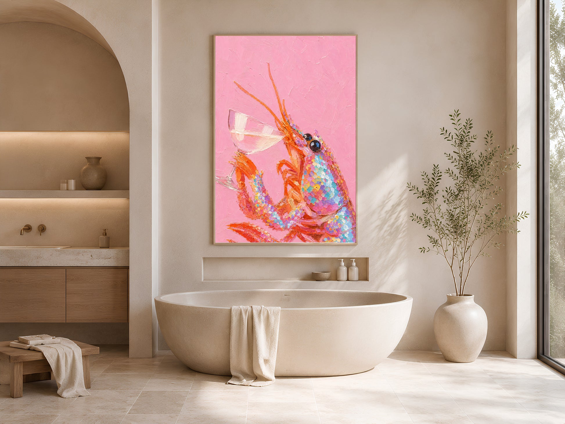 Pink lobster wall art in gold frame in soft neutral bathroom with freestanding bathtub and arched niche
