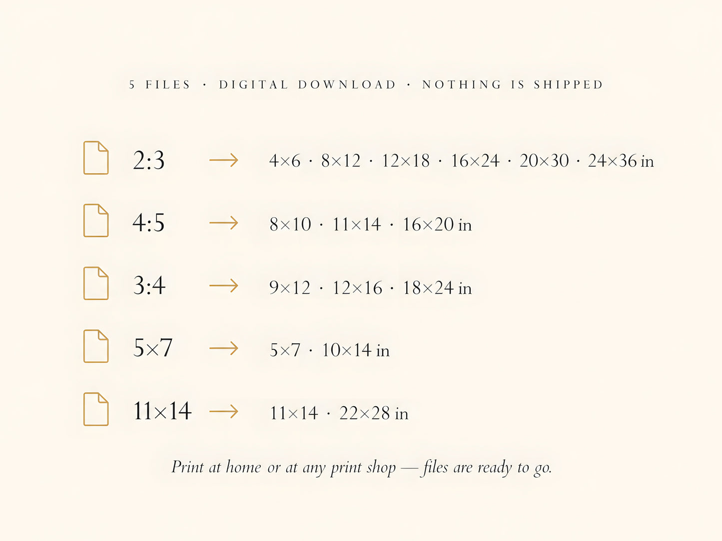 What's Included infographic panel listing all five file ratios and print sizes on a cream background
