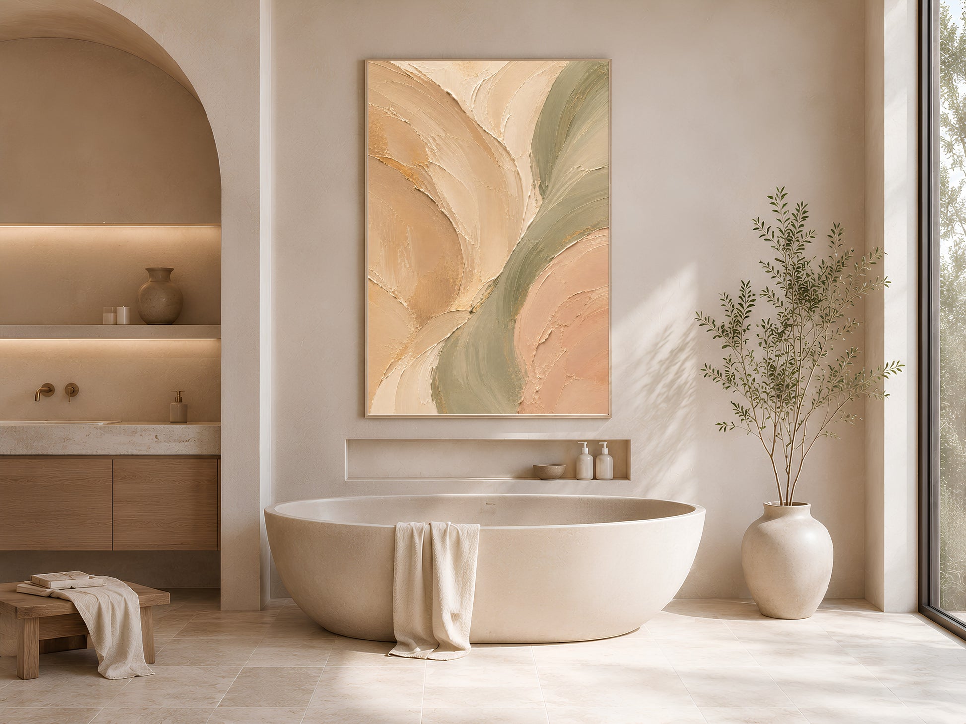 Sage green beige abstract wall art in gold frame beside freestanding bathtub in bright neutral bathroom
