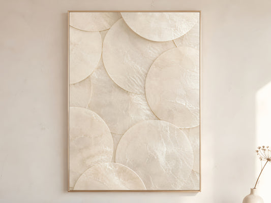 Minimalist capiz shell disc wall art print in gold frame displayed on warm white living room wall showing large clean overlapping ivory shell circles with soft natural light and dried botanicals

