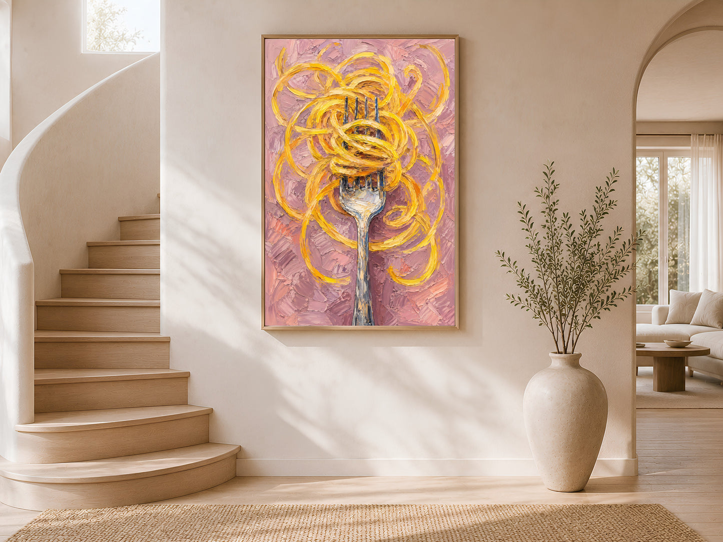 Pasta wall art in a wood frame displayed in a bright airy stairwell interior with white curved walls, warm natural light, and large ceramic vases