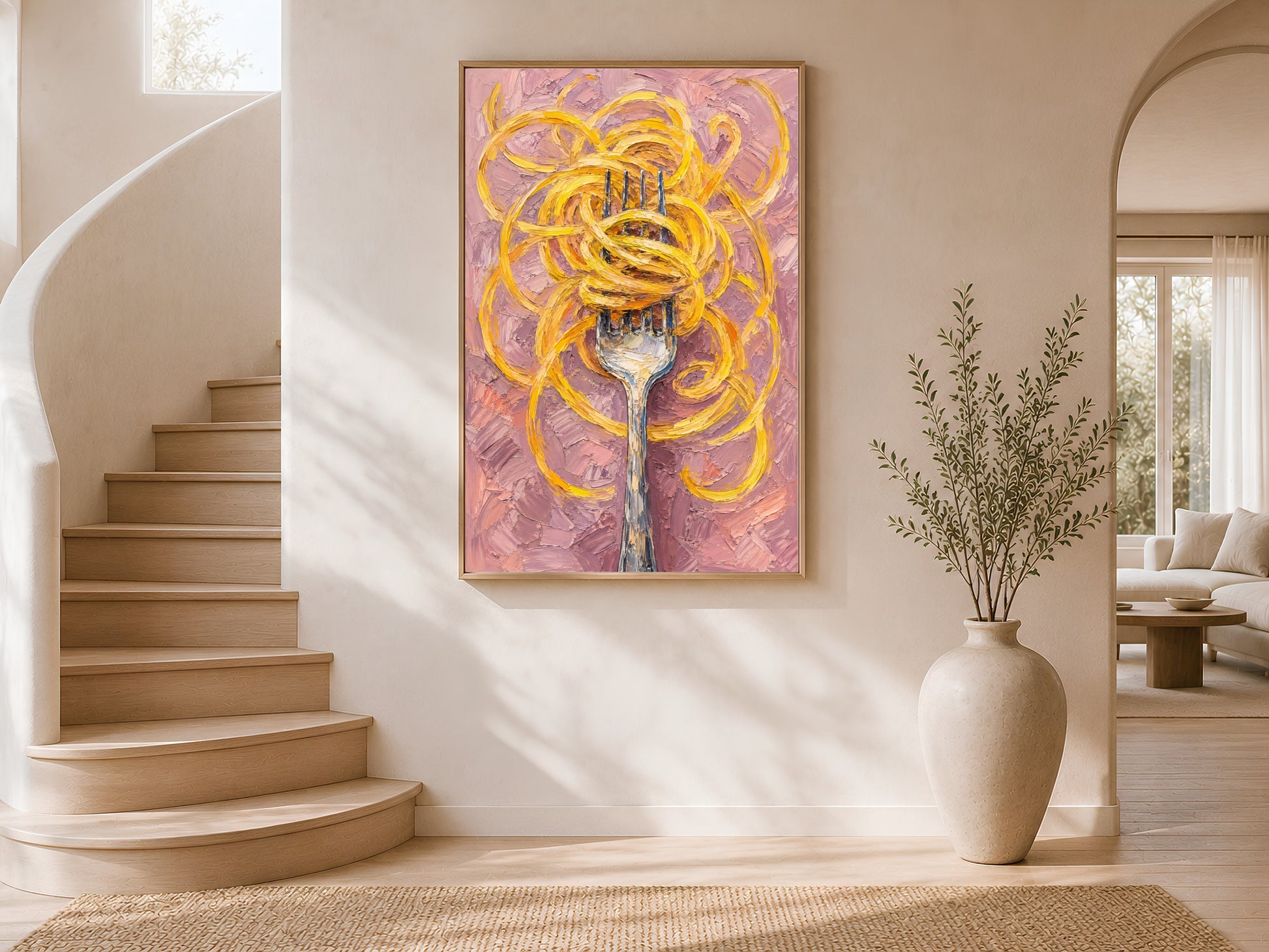 Pasta wall art in a wood frame displayed in a bright airy stairwell interior with white curved walls, warm natural light, and large ceramic vases