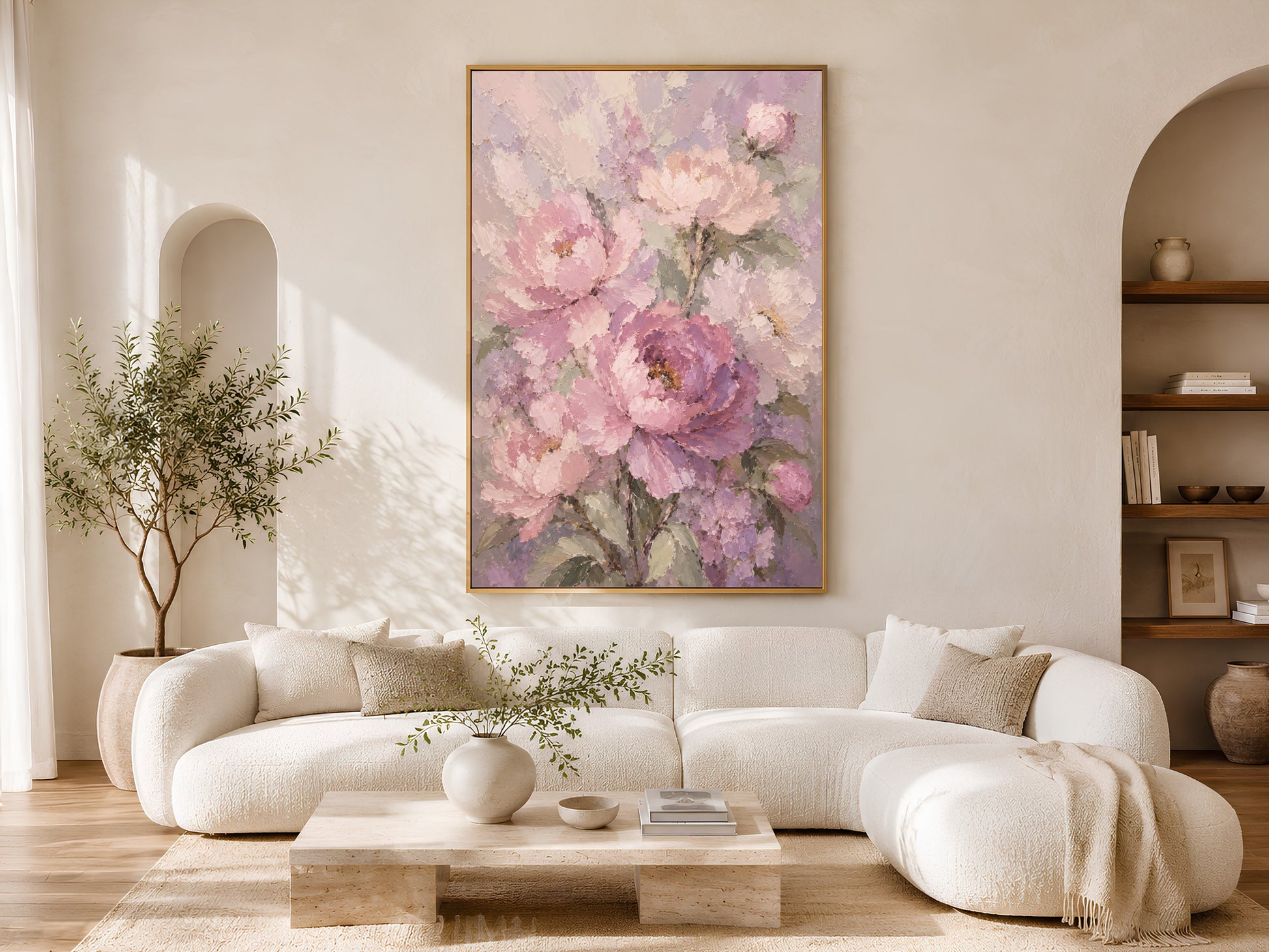 Peony wall art in a wood frame displayed in a bright minimalist living room with cream curved sofa, warm wood coffee table, and arched doorways
