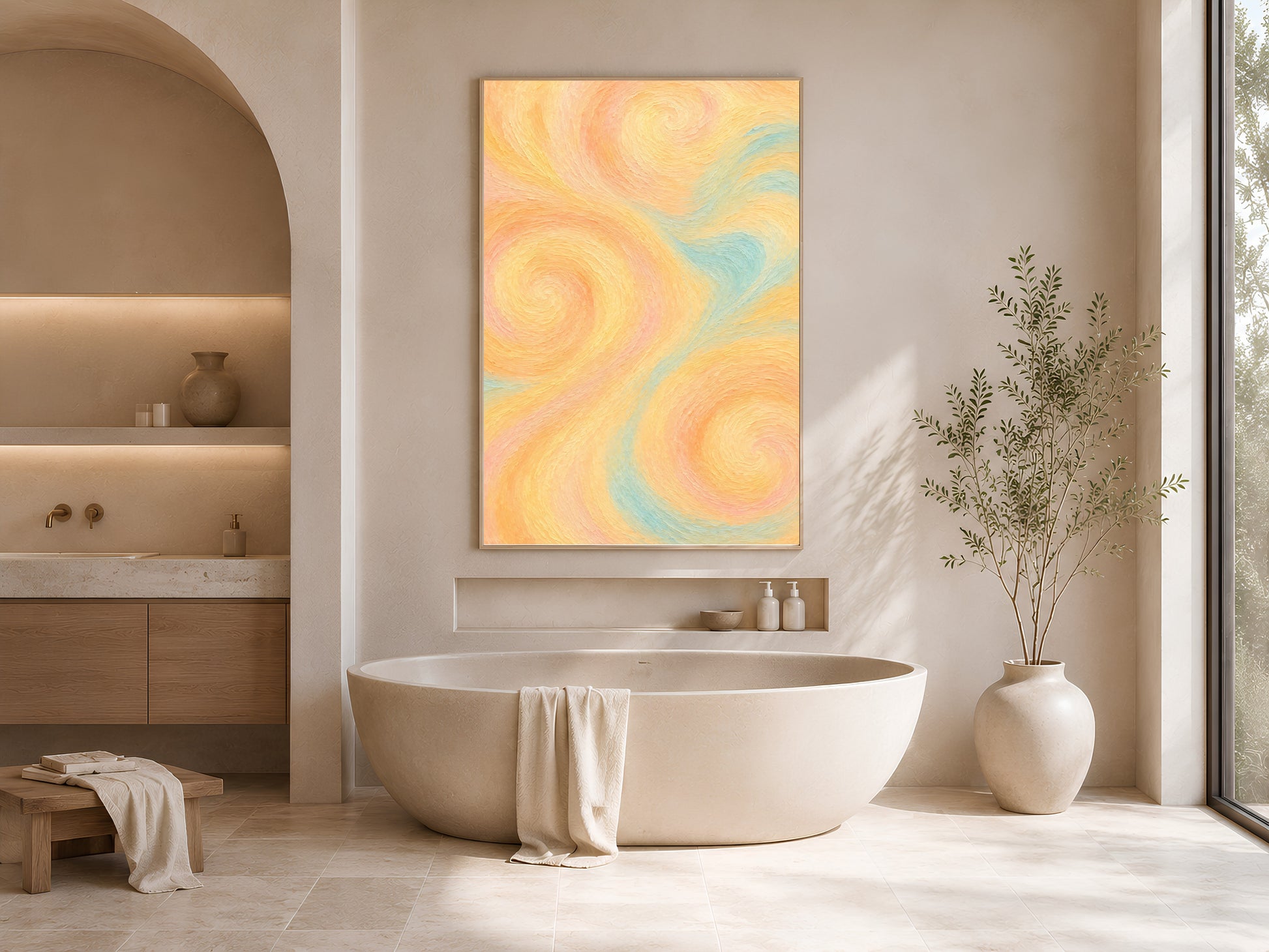Butter yellow abstract swirl wall art framed above a freestanding bathtub