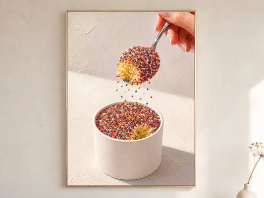 Viral dot cake close-up wall art print in a thin gold frame on a warm white wall showing rainbow nonpareils cascading from spoon into dotcup with impasto textured background
