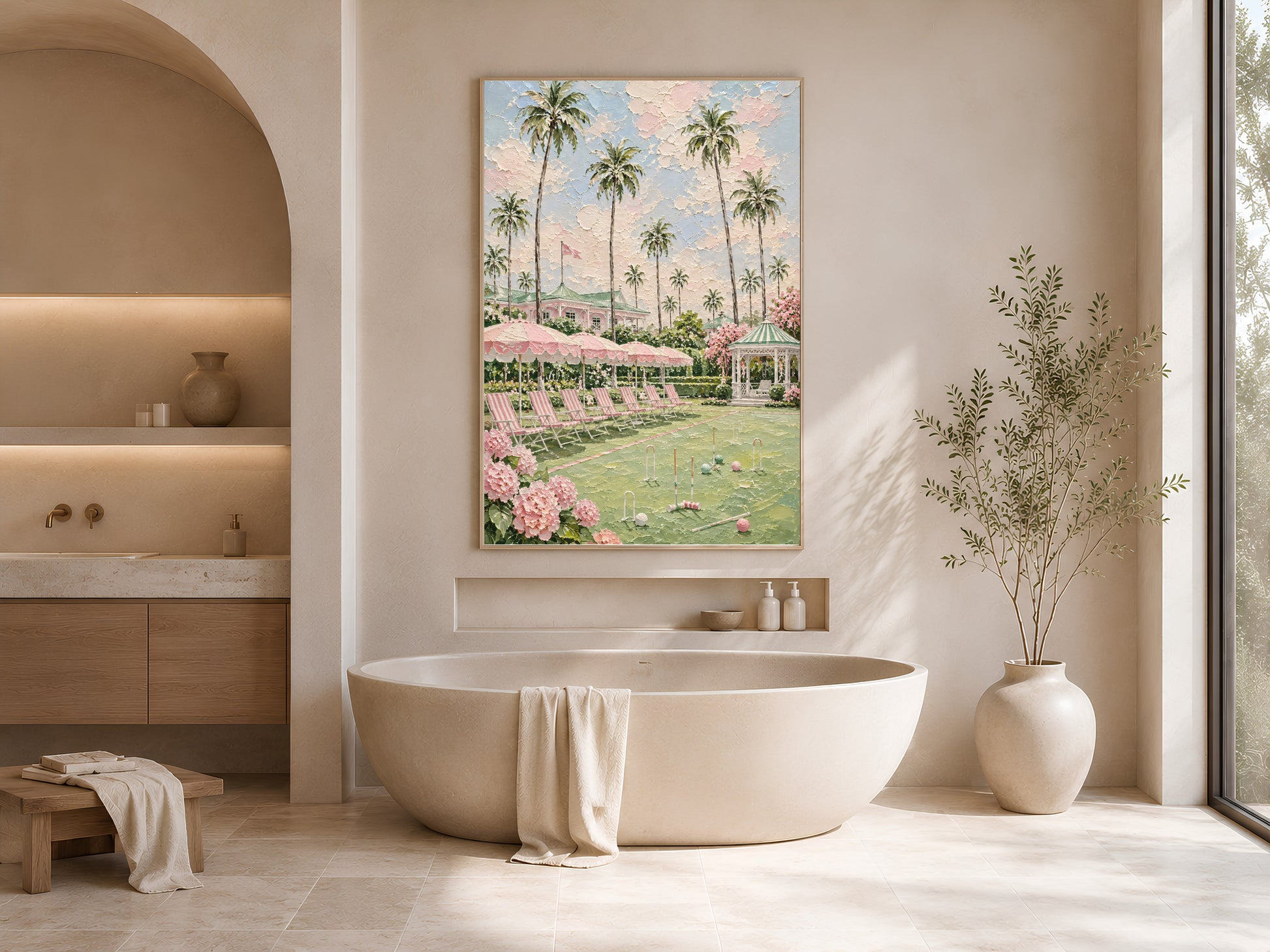 Pink preppy resort painting framed in an arched bathroom nook beside a soaking tub

