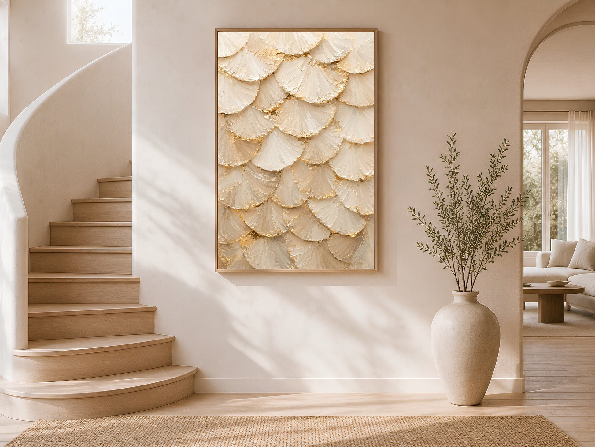 Ginkgo leaf wall art framed in gold hanging on curved staircase wall in modern home
