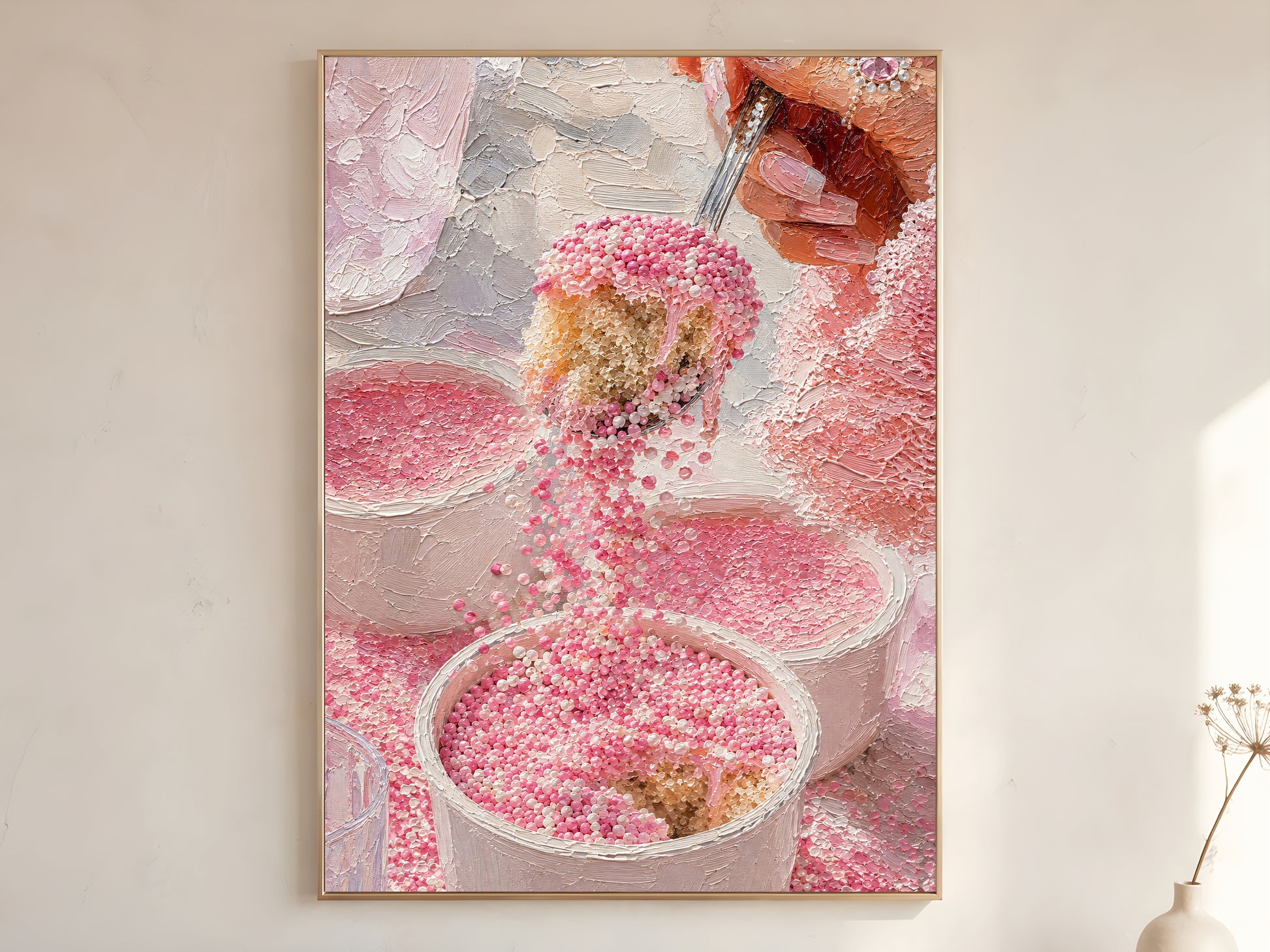 Pink dot cake impasto oil painting wall art print in a thin gold frame on a warm white wall showing blush pink nonpareils cascading from spoon with diamond ring and dotcups in thick palette knife texture
