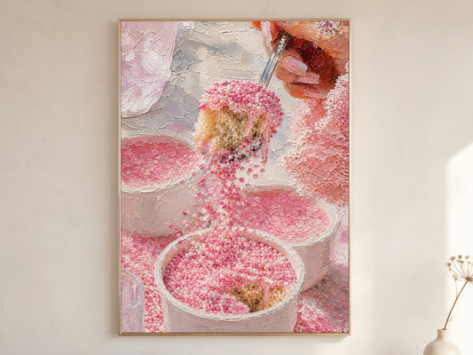 Pink dot cake impasto oil painting wall art print in a thin gold frame on a warm white wall showing blush pink nonpareils cascading from spoon with diamond ring and dotcups in thick palette knife texture
