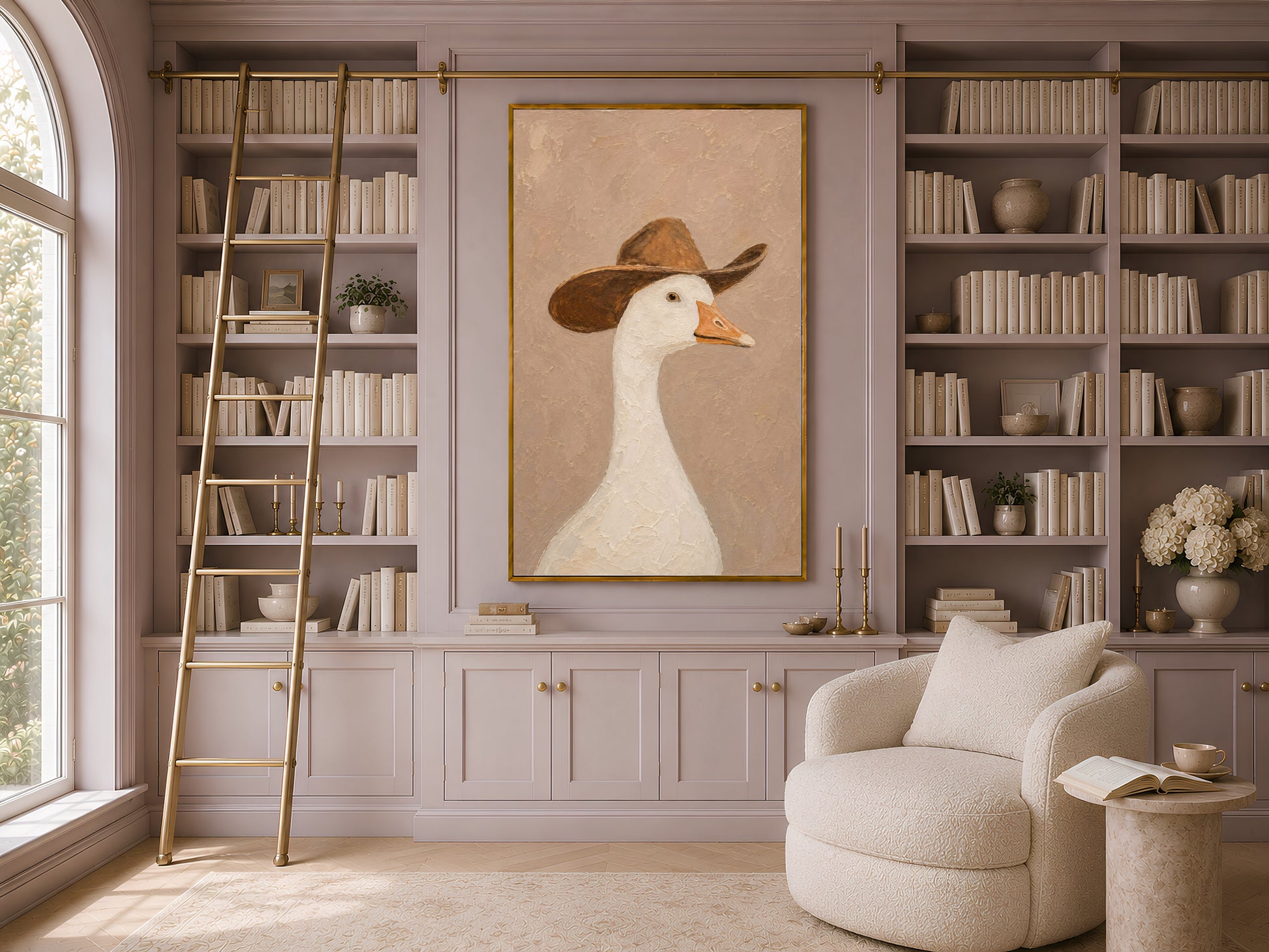 Framed silly goose cowboy art in a classic home library with built-in bookshelves, a ladder, and a cream armchair under large windows
