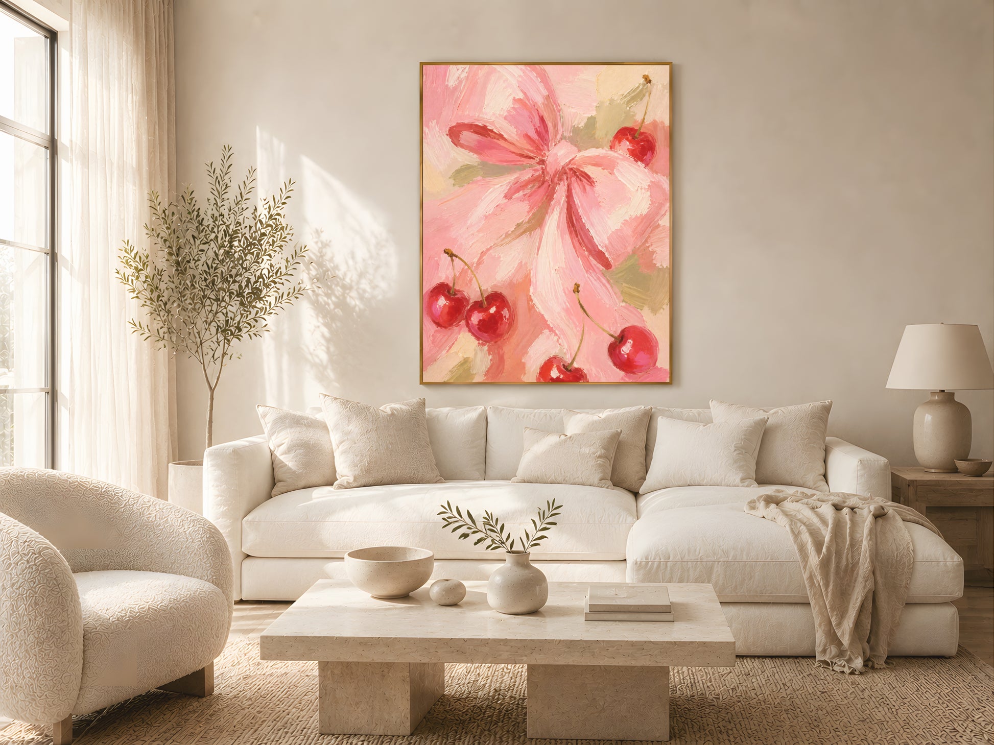 Cherry bow coquette wall art in gold frame above a low rattan coffee table in a warm boho living room
