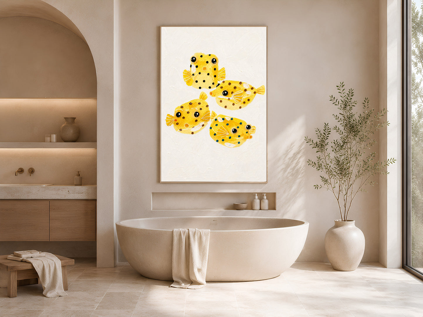 Yellow boxfish painting framed in an arched bathroom nook beside a soaking tub
