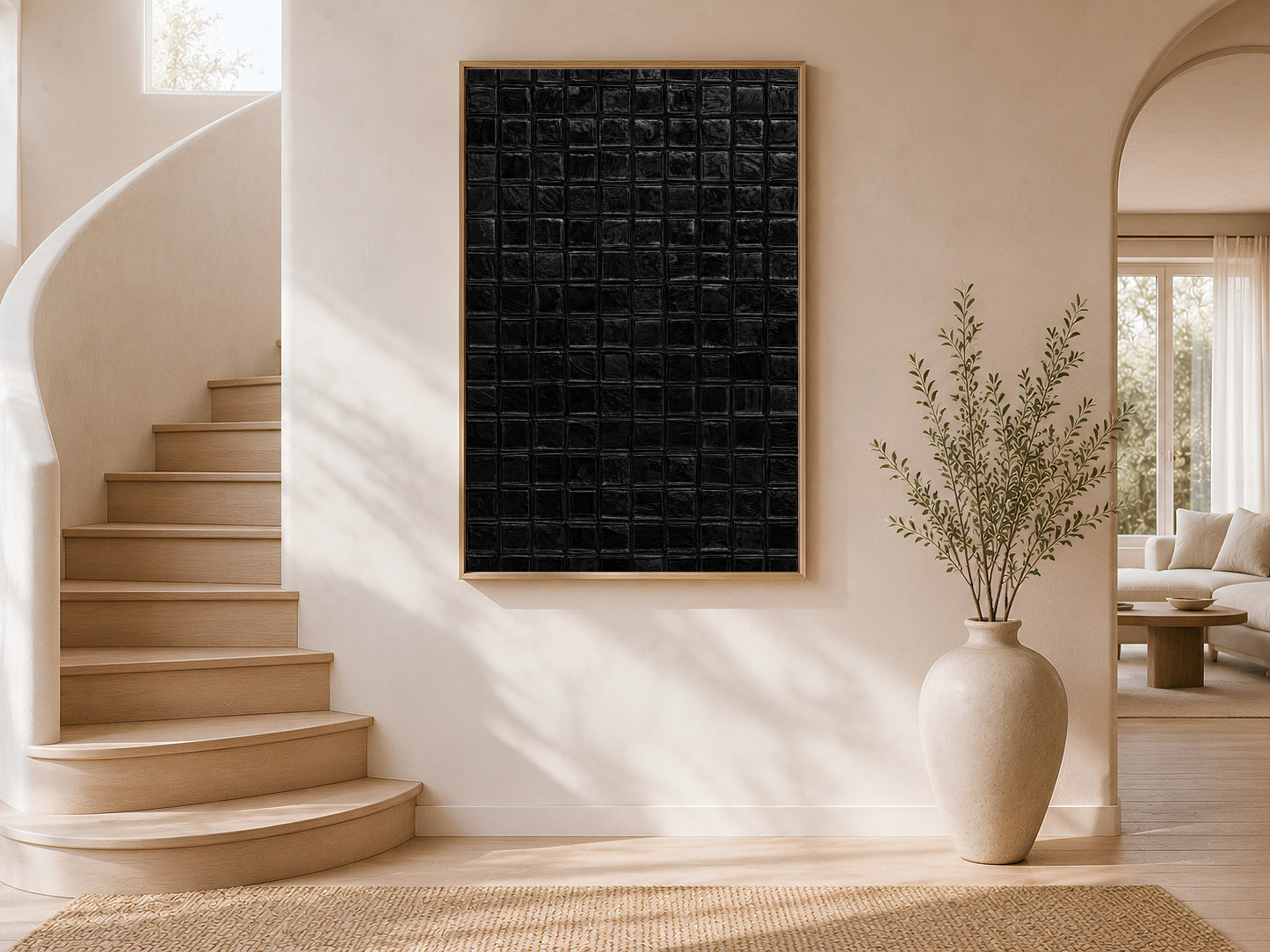Black mosaic tile wall art in a gold frame on a curved white staircase landing with tall ceramic vase and olive tree in warm natural light
