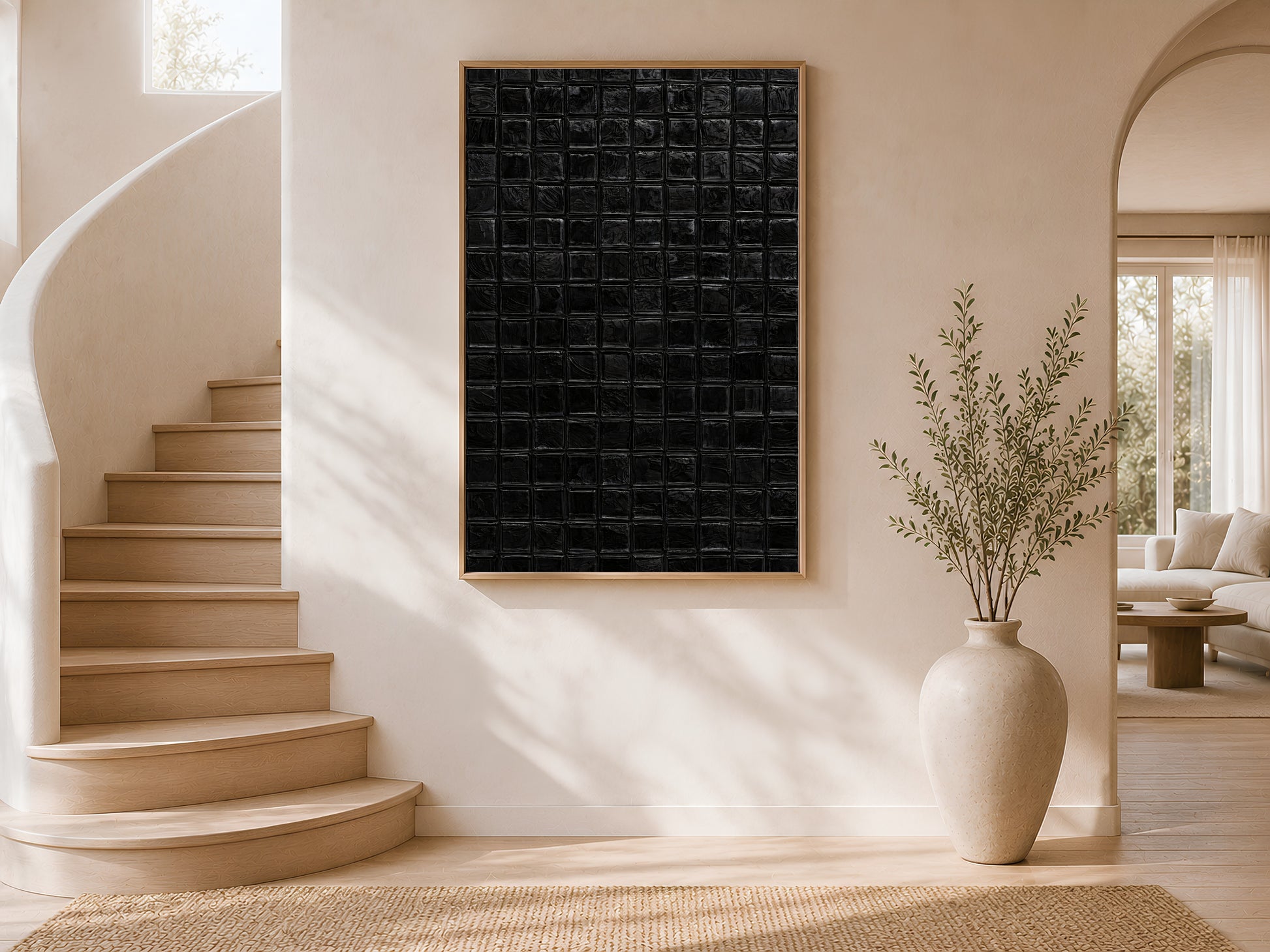 Black mosaic tile wall art in a gold frame on a curved white staircase landing with tall ceramic vase and olive tree in warm natural light
