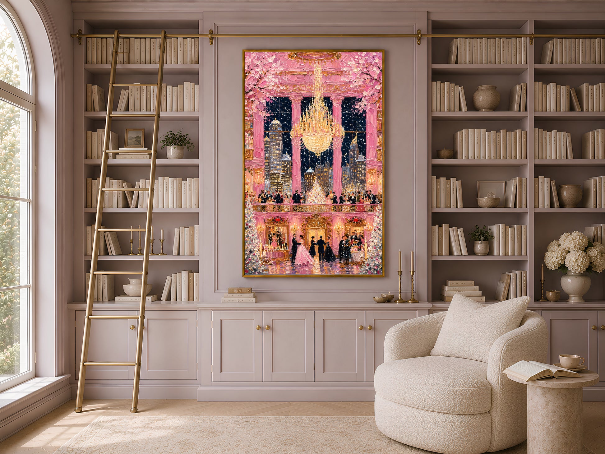 Pink ballroom chandelier gala print in gold frame in elegant home library with built-in shelving and armchair

