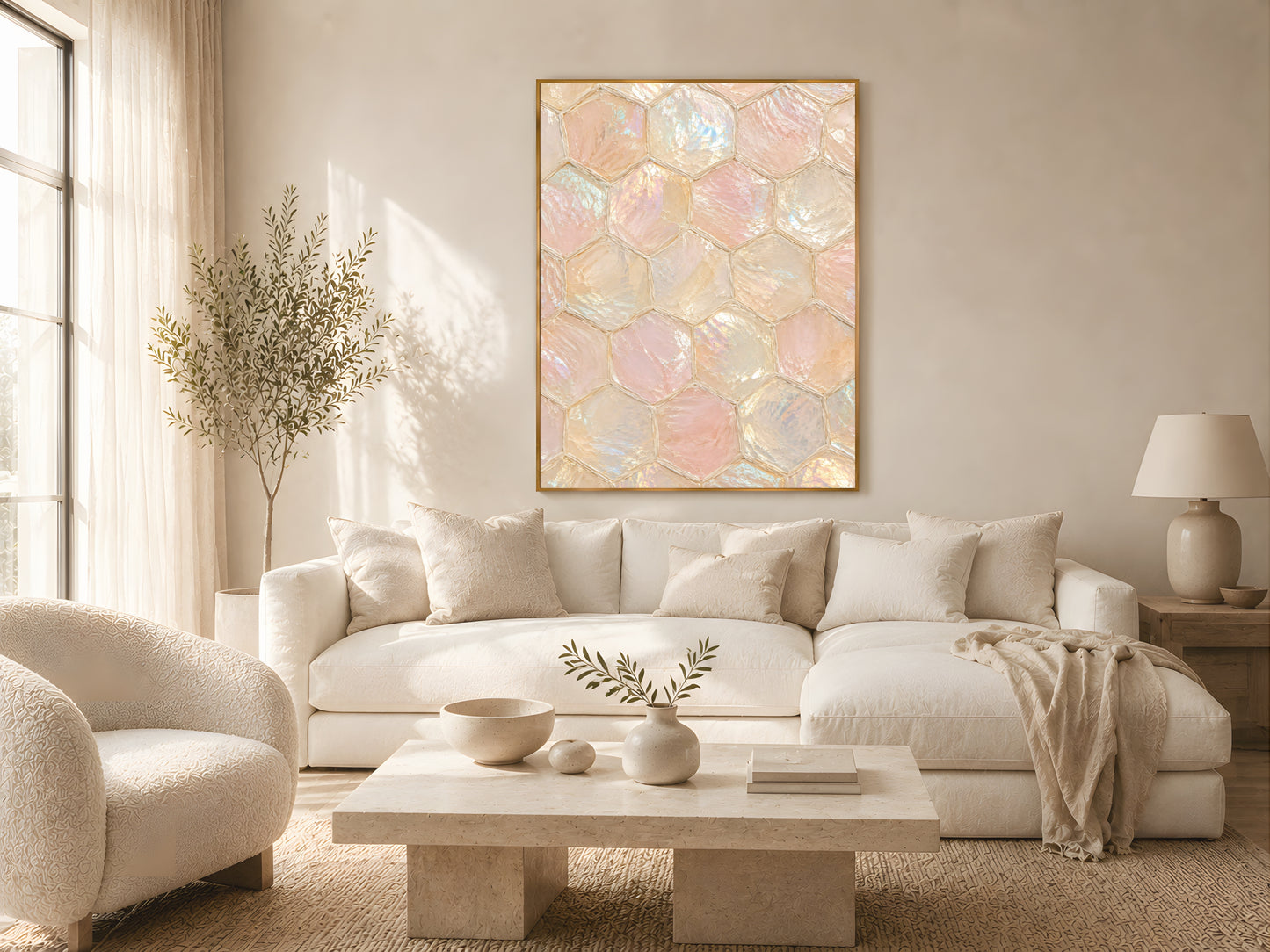 Mother of pearl honeycomb print in gold frame in bright quiet luxury living room with white sofa and warm light
