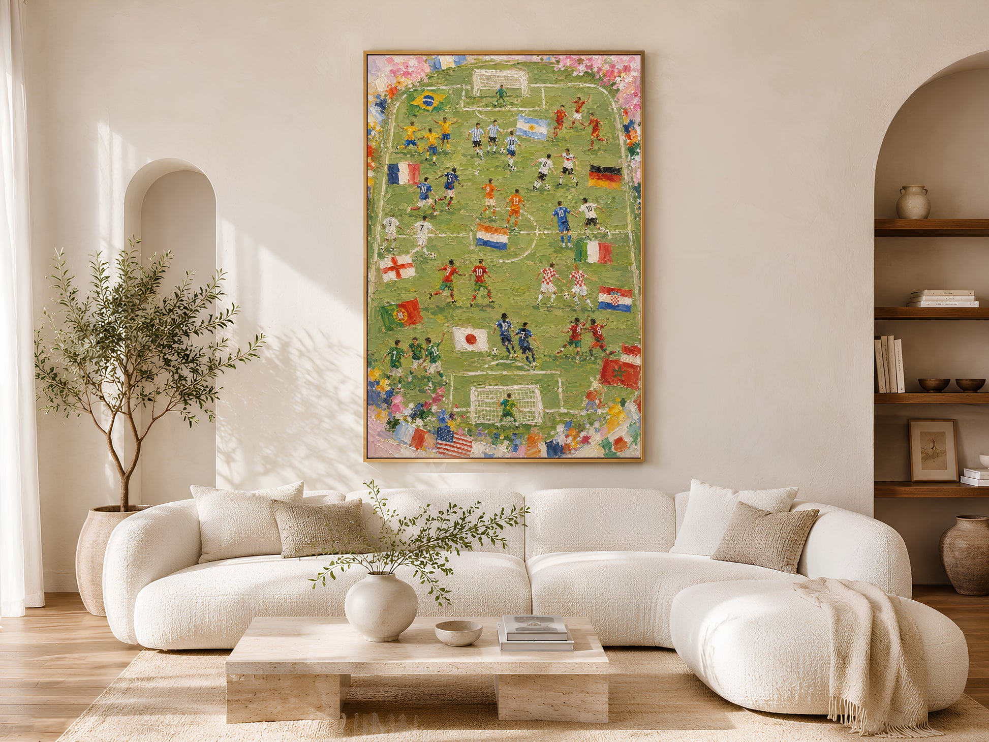 World Cup 2026 wall art in a wood frame styled above a cream curved sofa in a bright minimalist living room with warm wood floors and olive tree
