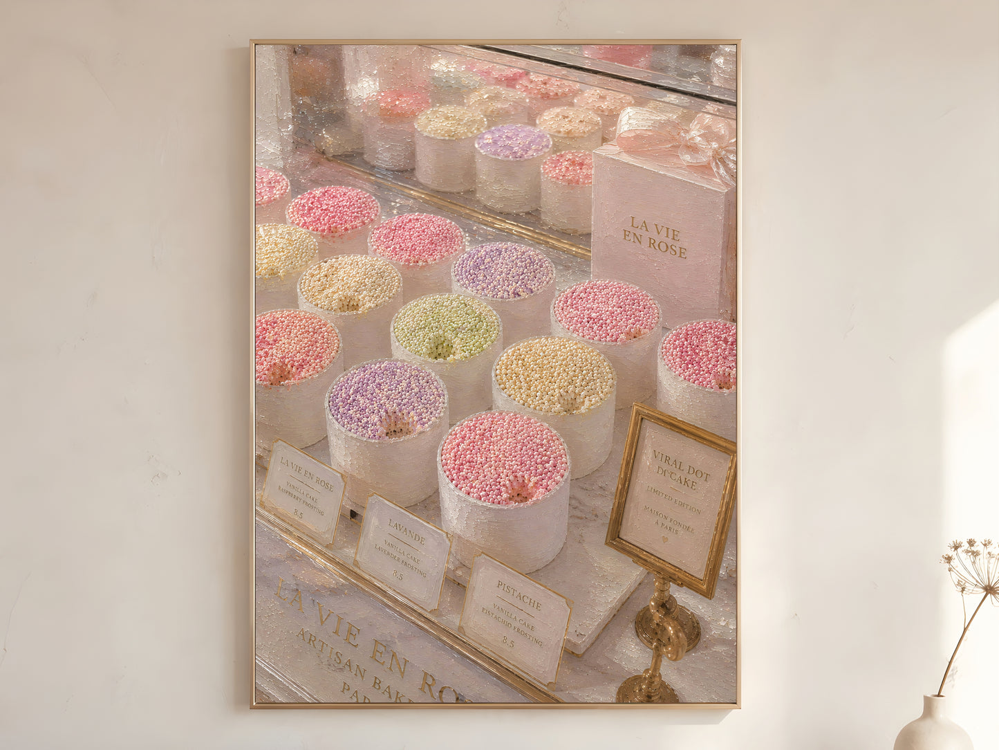 Paris bakery dot cake wall art print in a thin gold frame on a warm white wall showing pastel dotcups display case with lavender pistachio blush and cream sprinkle cups gold price cards and La Vie en Rose signage
