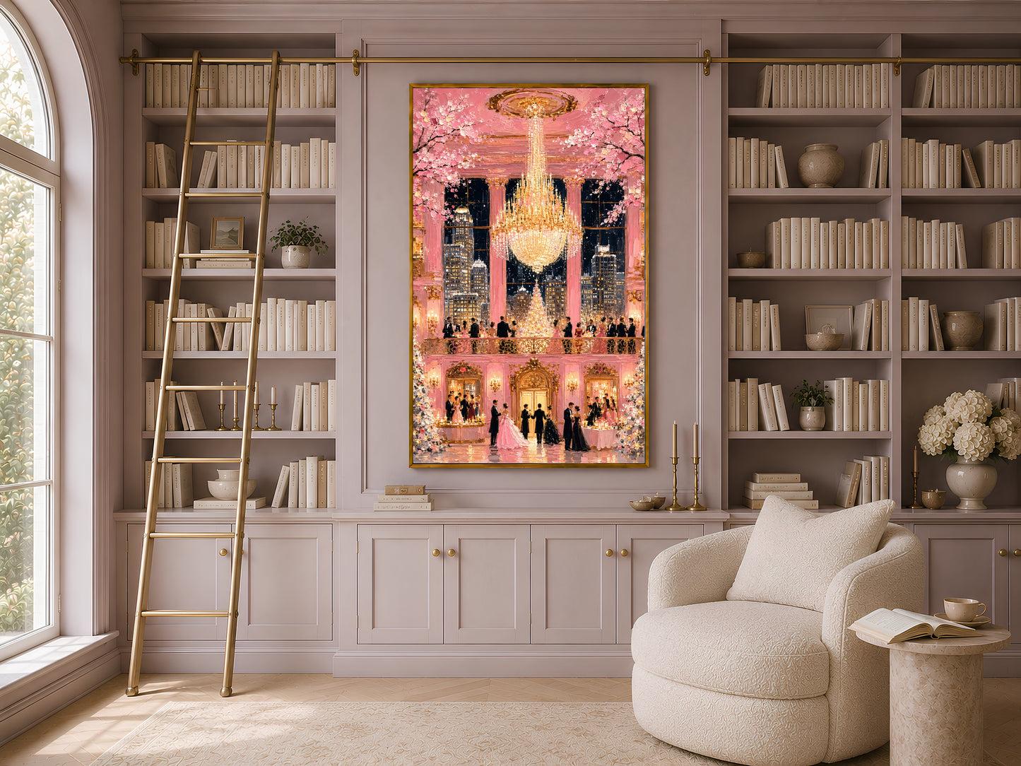 Pink fairytale ballroom chandelier print in gold frame in elegant home library with built-in shelving and armchair

