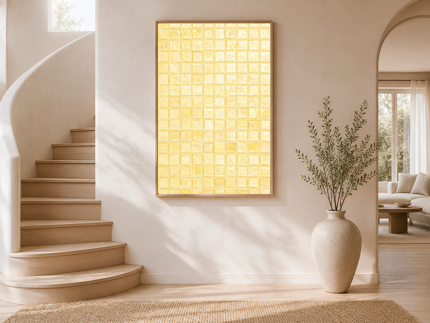 Butter yellow mosaic tile wall art in a gold frame on a curved white staircase landing with olive tree and warm streaming natural light
