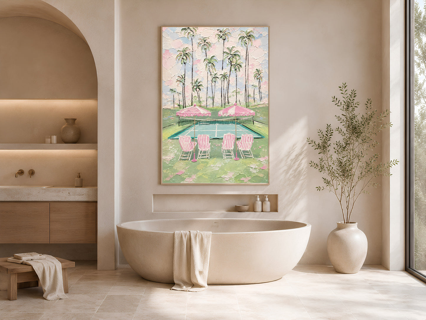 Pink tennis court print in gold frame beside freestanding bathtub in bright neutral bathroom
