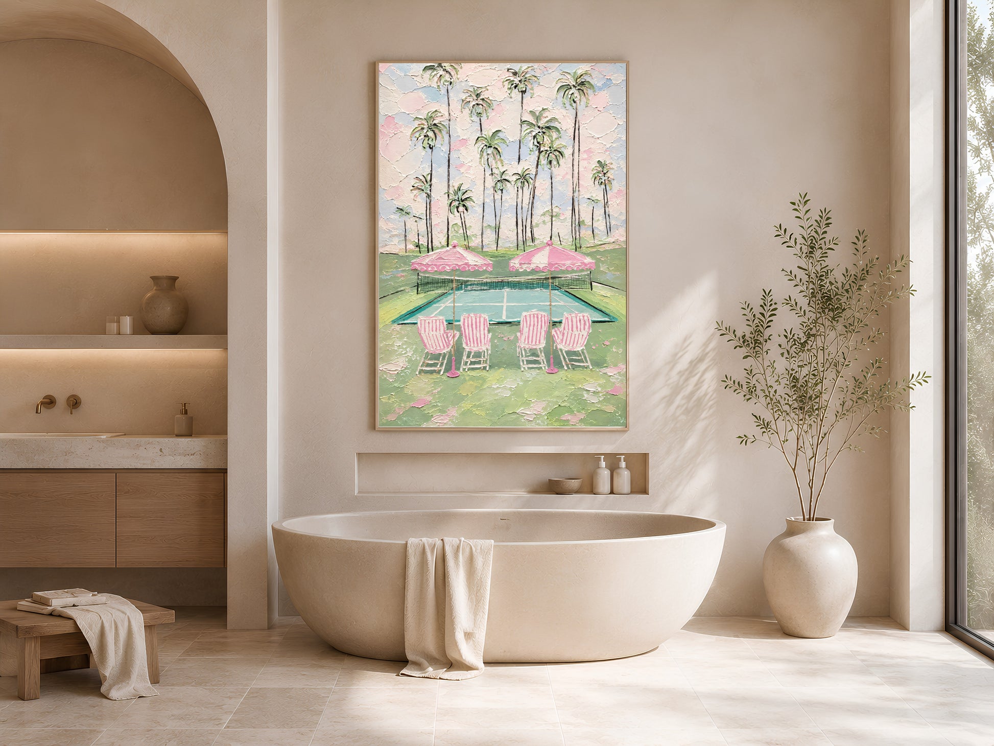 Pink tennis court print in gold frame beside freestanding bathtub in bright neutral bathroom

