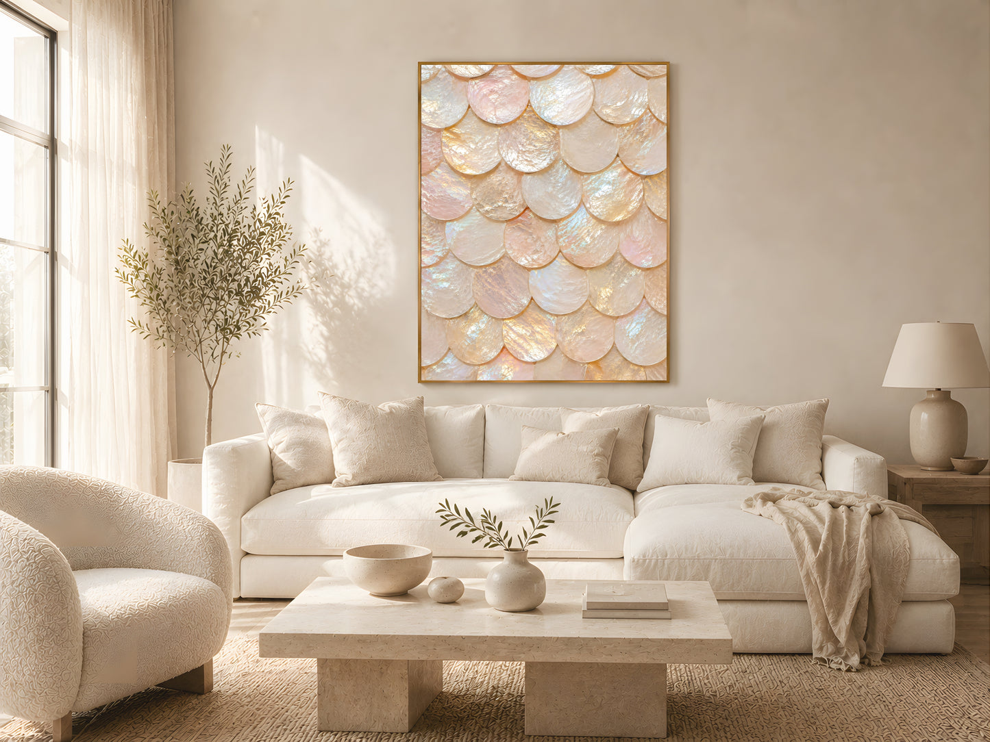 Capiz shell scale print in gold frame in quiet luxury living room with white sofa and soft natural light