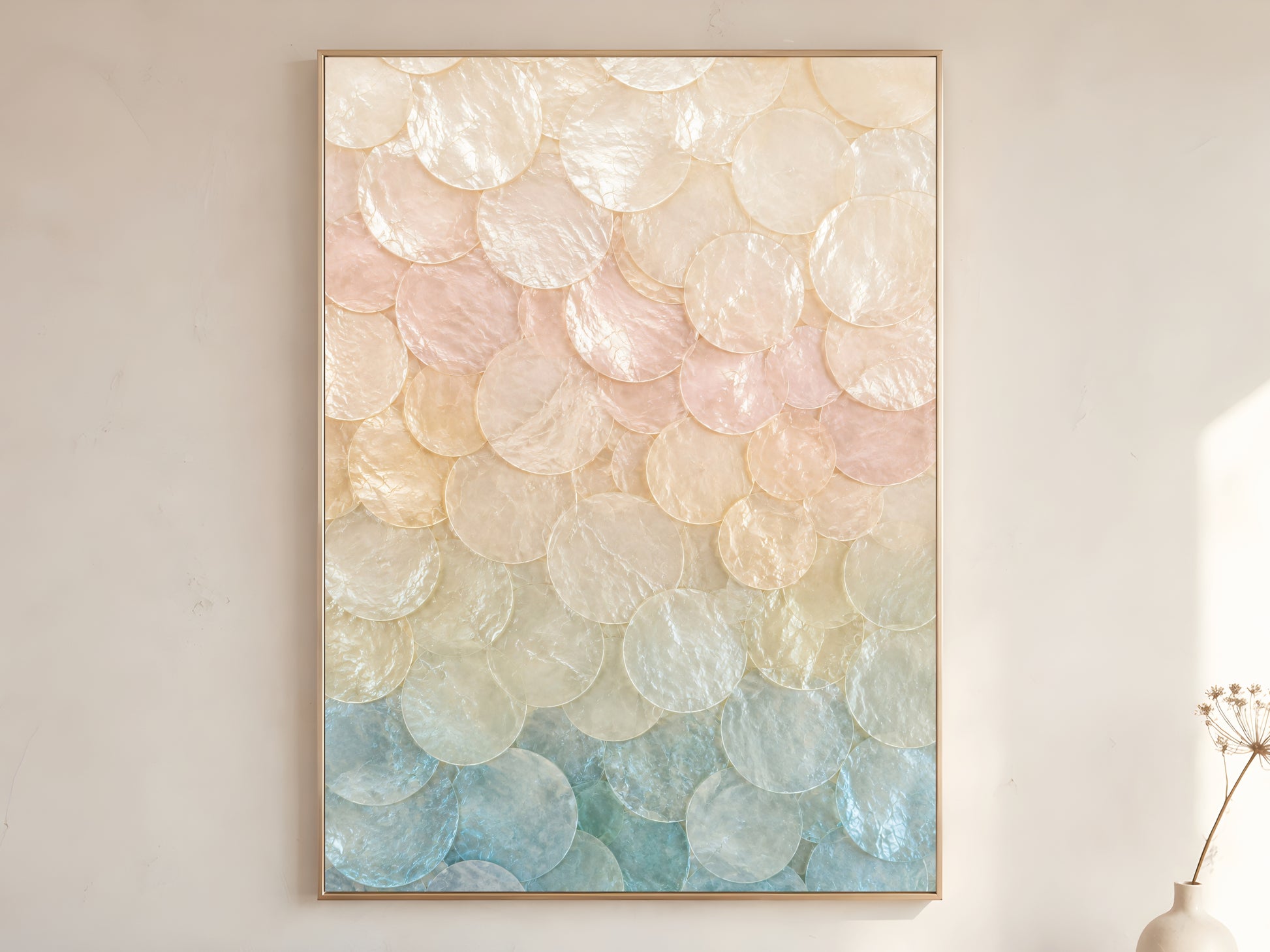 Pastel ombré capiz shell wall art print in gold frame displayed on warm white living room wall showing blush pink cream and seafoam teal gradient shell discs
