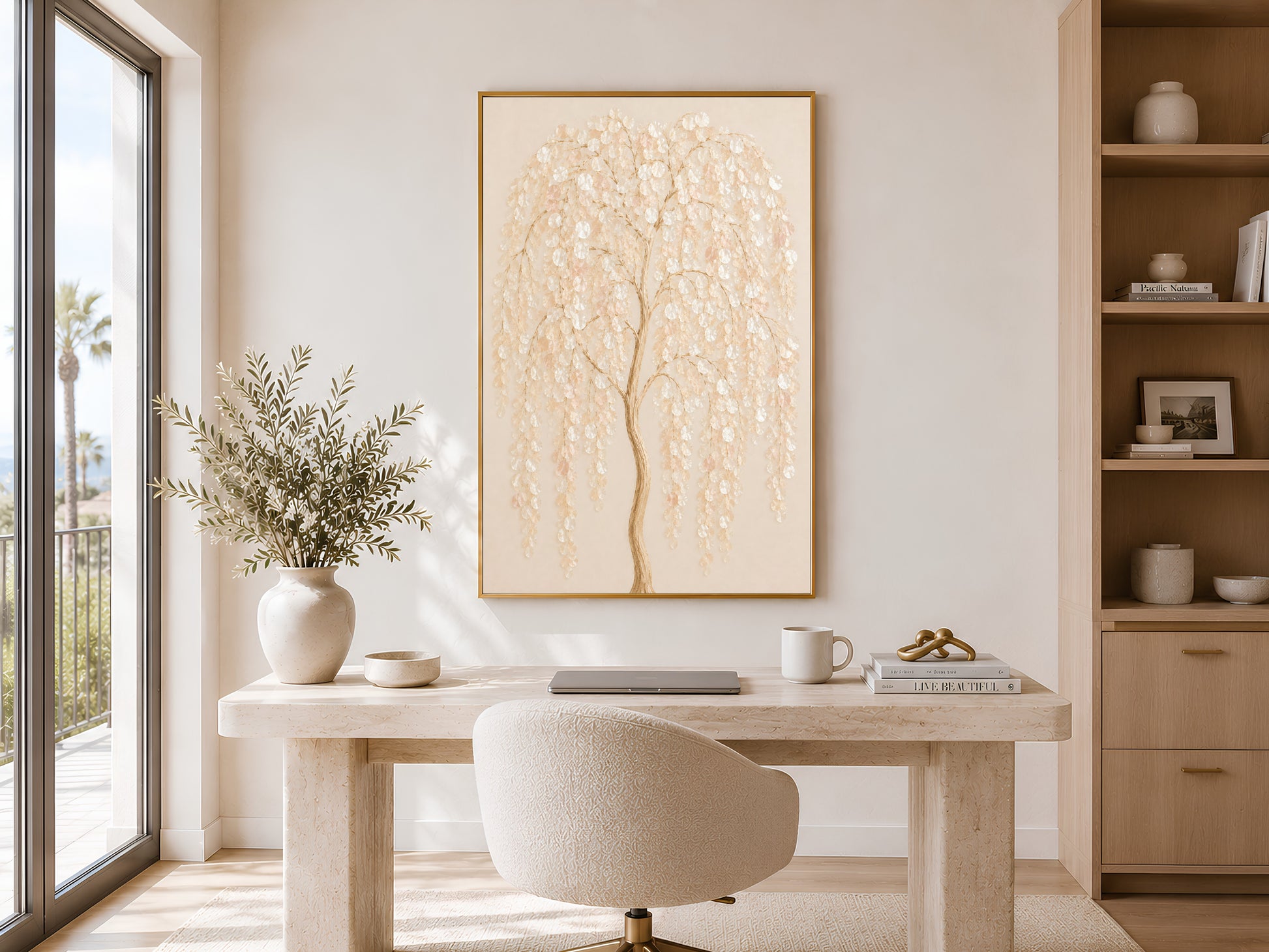 Weeping willow capiz shell art framed above a desk in a sunlit home office
