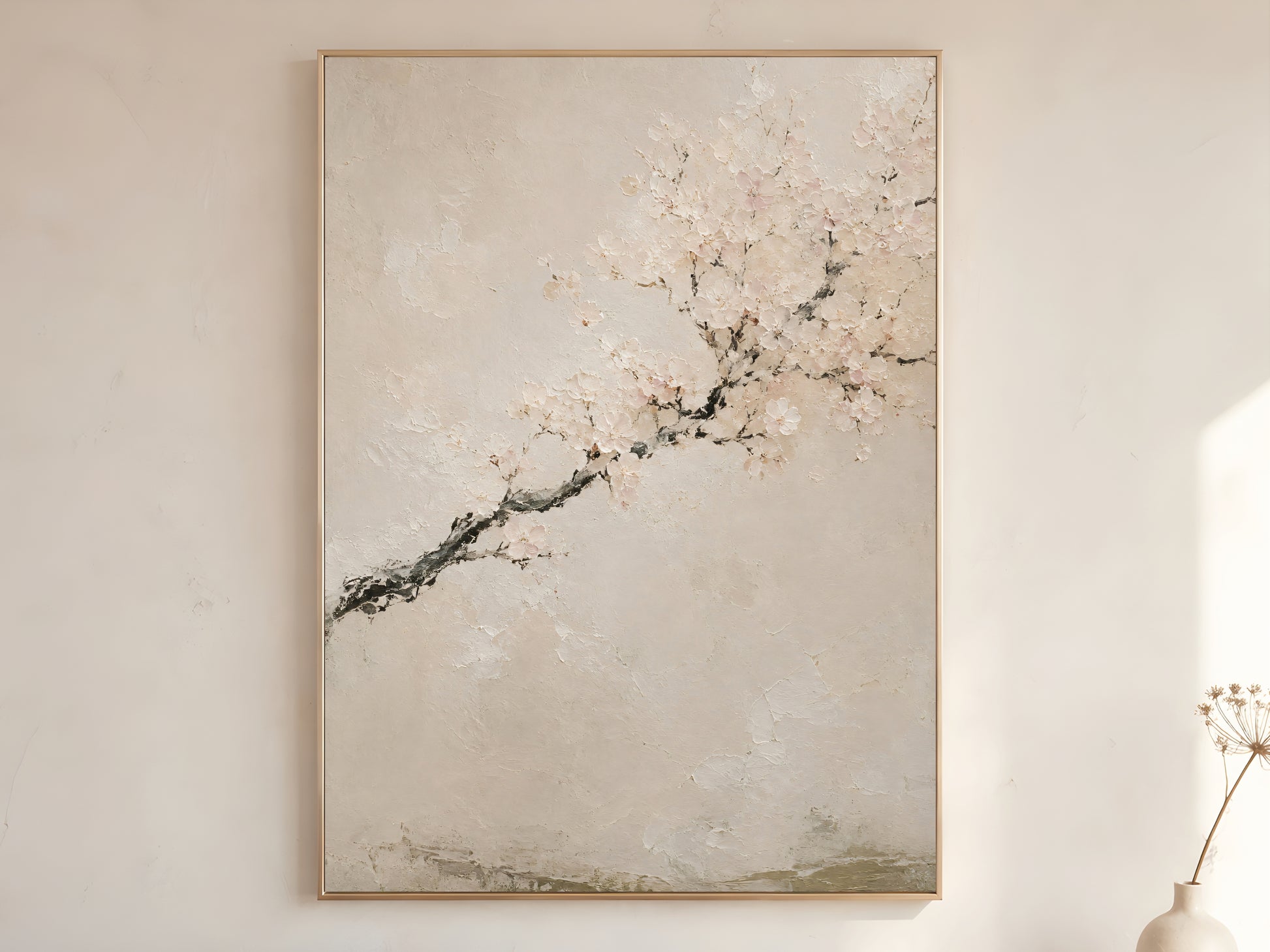 Japandi cherry blossom impasto oil painting print in a thin gold frame on a warm white wall with a dried stem in a minimal Scandinavian living room
