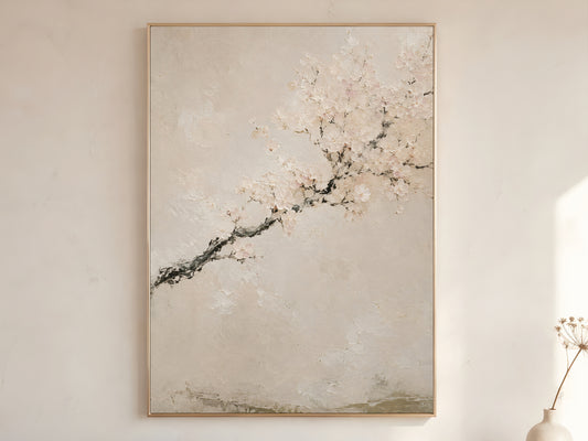 Japandi cherry blossom impasto oil painting print in a thin gold frame on a warm white wall with a dried stem in a minimal Scandinavian living room
