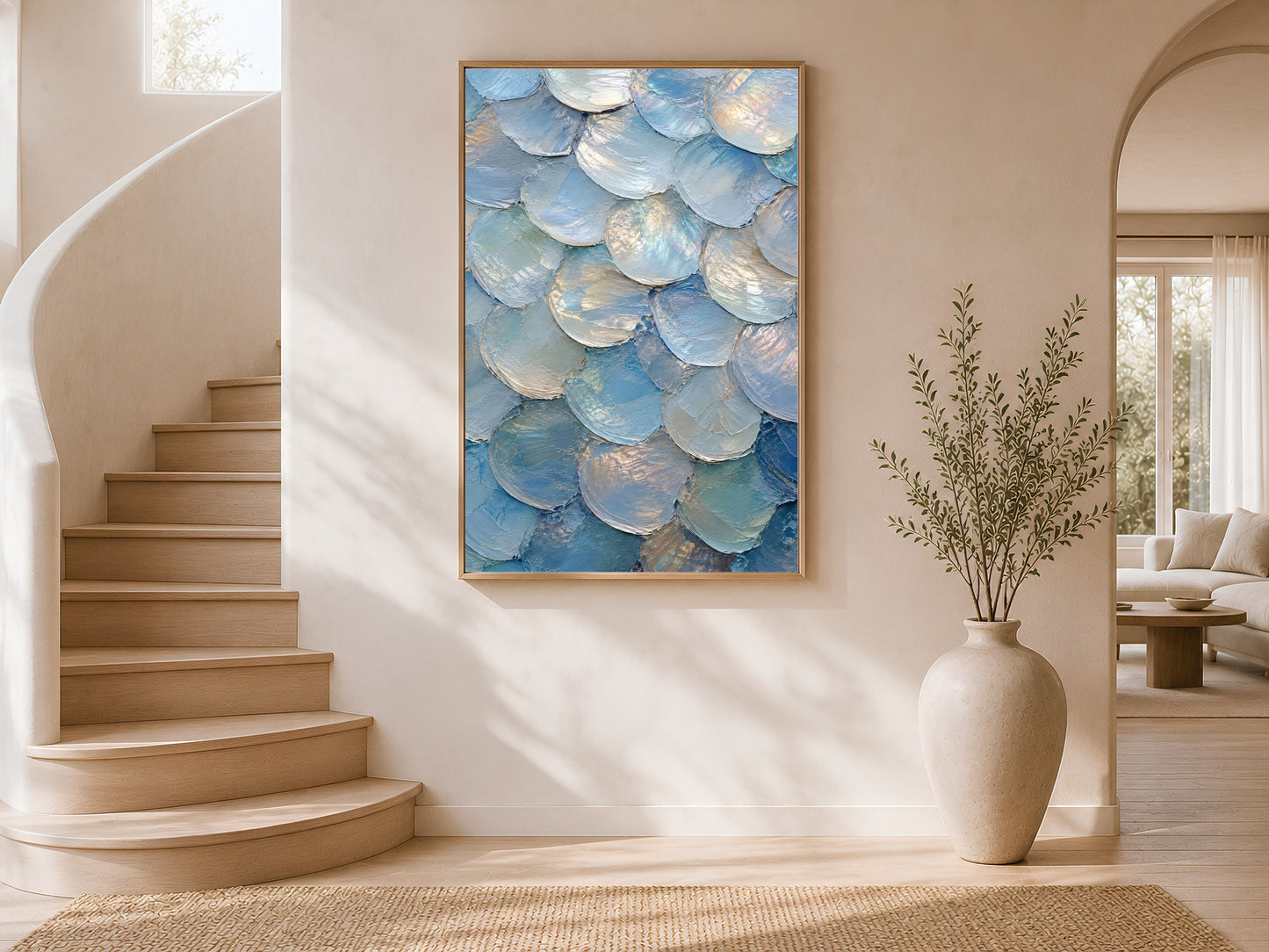 Capiz shell wall art framed in gold hanging on curved staircase wall in modern home
