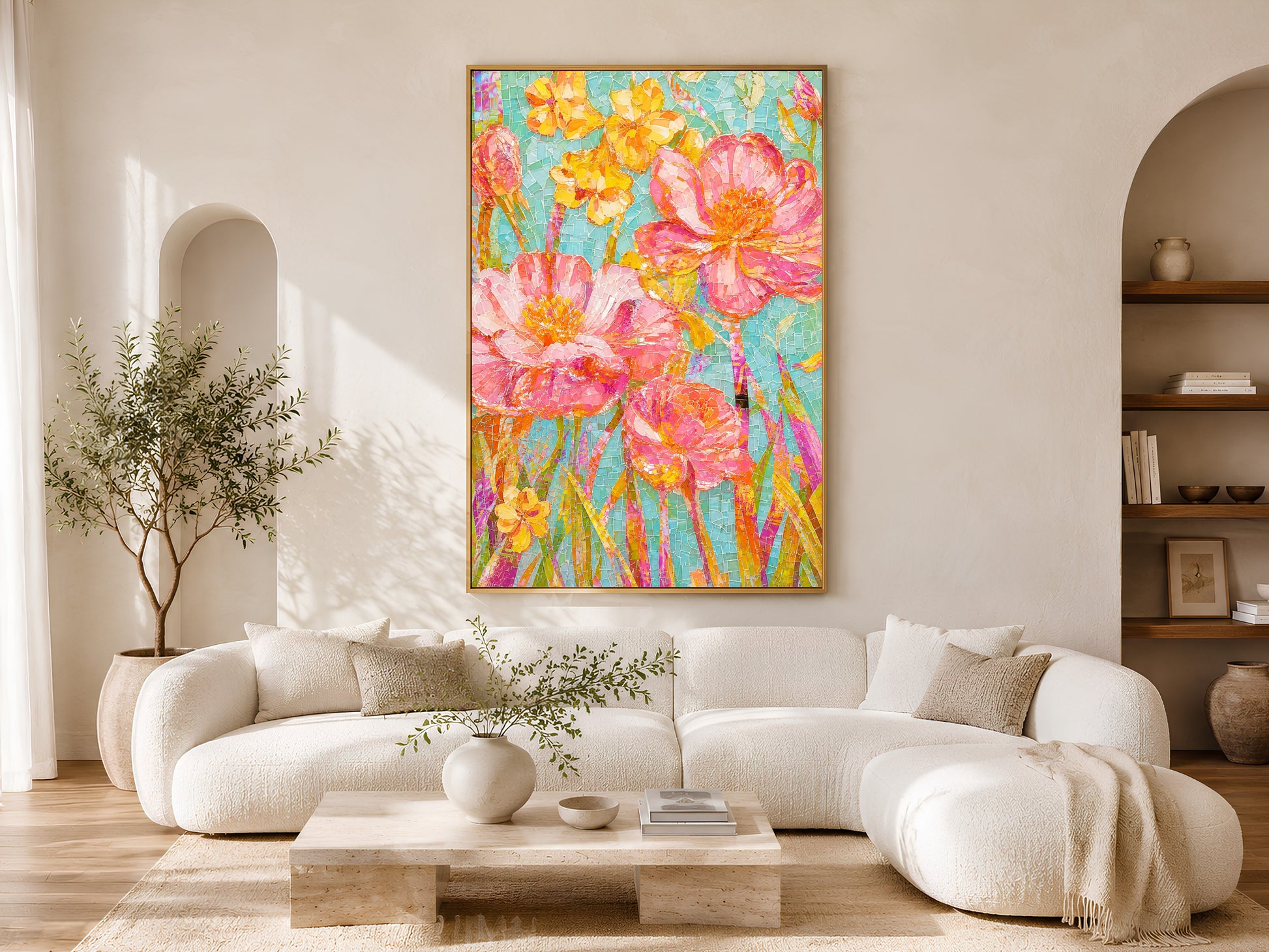 Mosaic floral wall art in a wood frame styled above a cream curved sofa in a bright minimalist living room with warm wood coffee table and arched doorways
