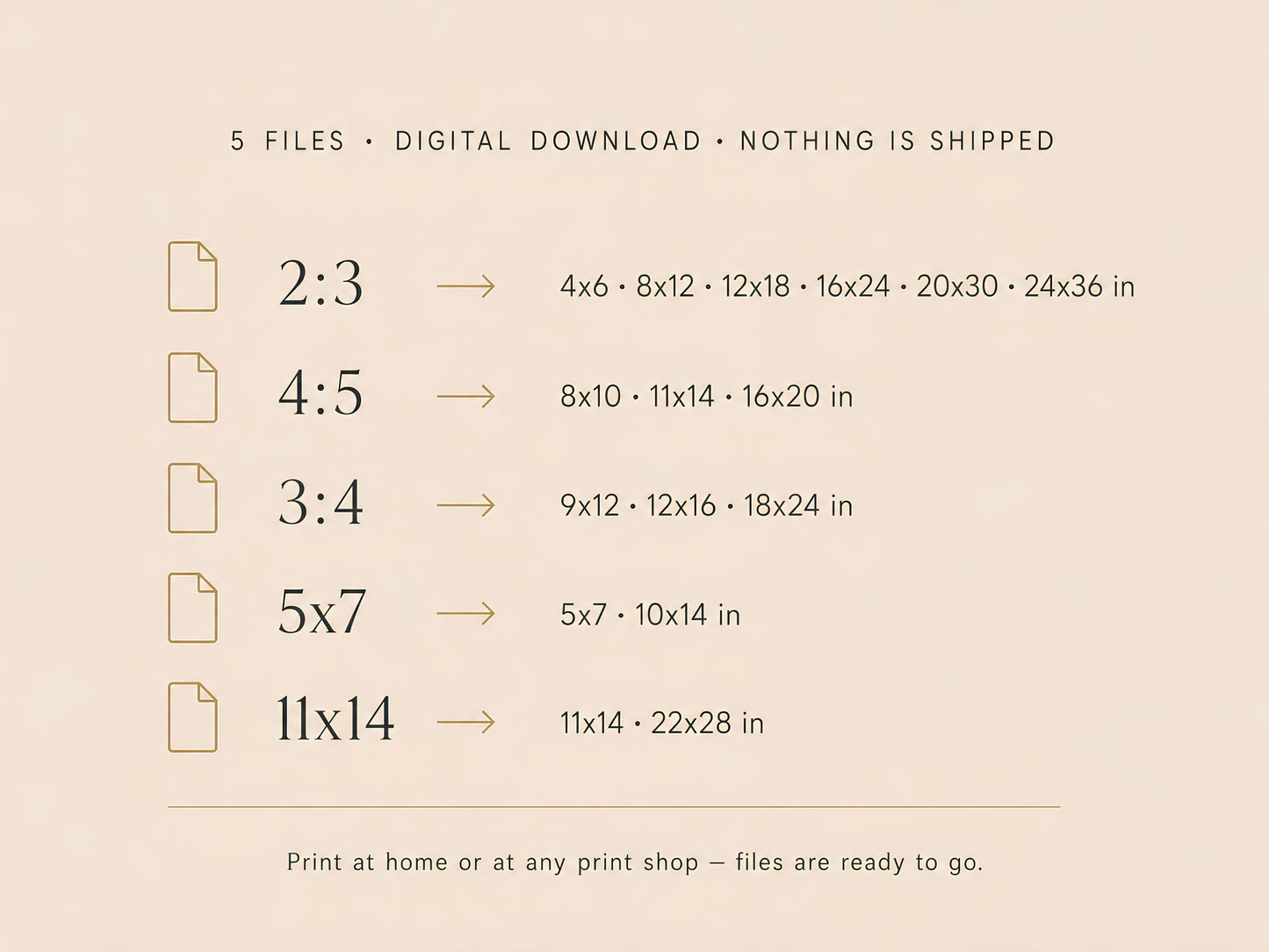 What's Included infographic listing all five file ratios — 2:3, 4:5, 3:4, 5×7, 11×14 — with print sizes on a cream background

